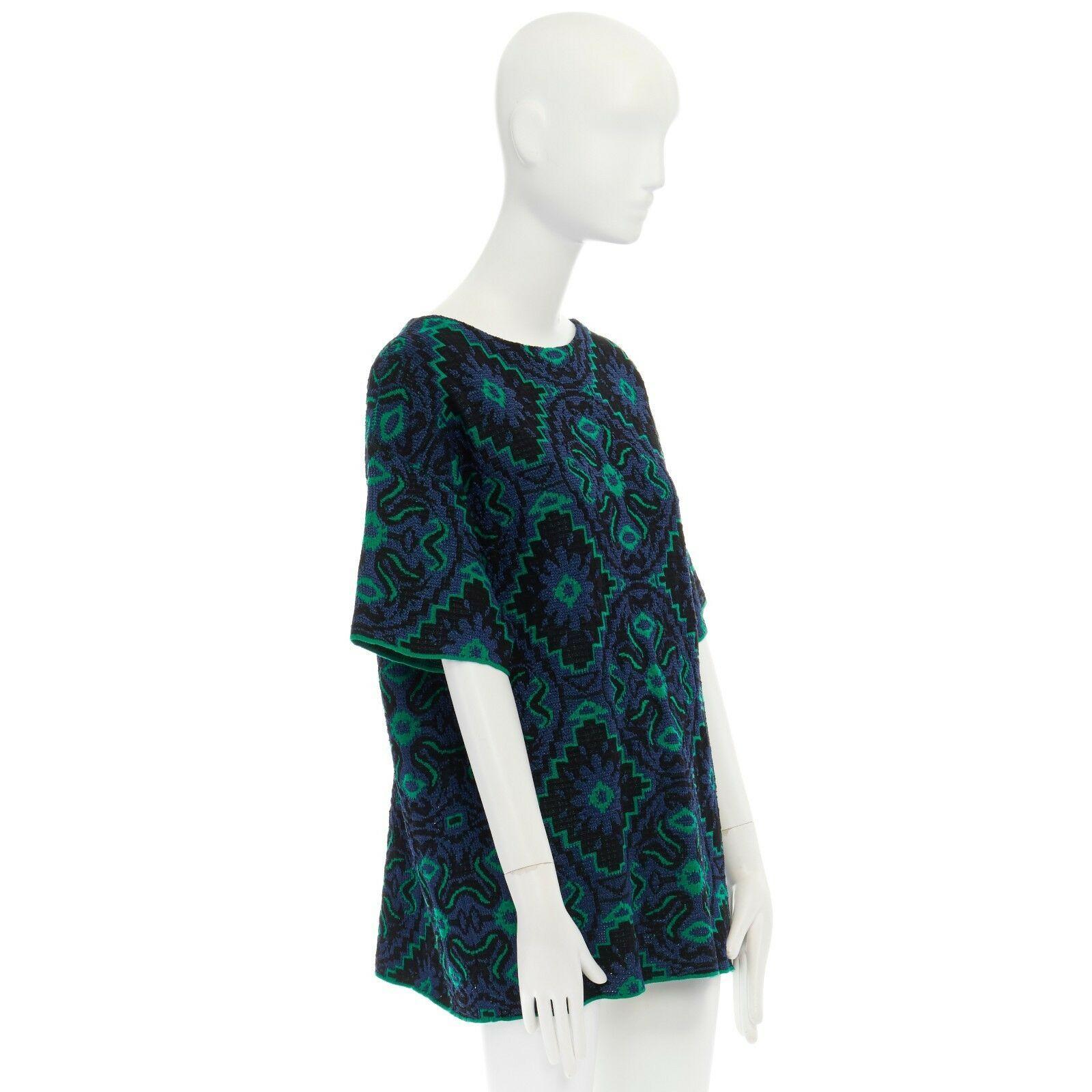 DRIES VAN NOTEN green blue ethnic jacquard knitted boxy short sleeve top M In Excellent Condition In Hong Kong, NT
