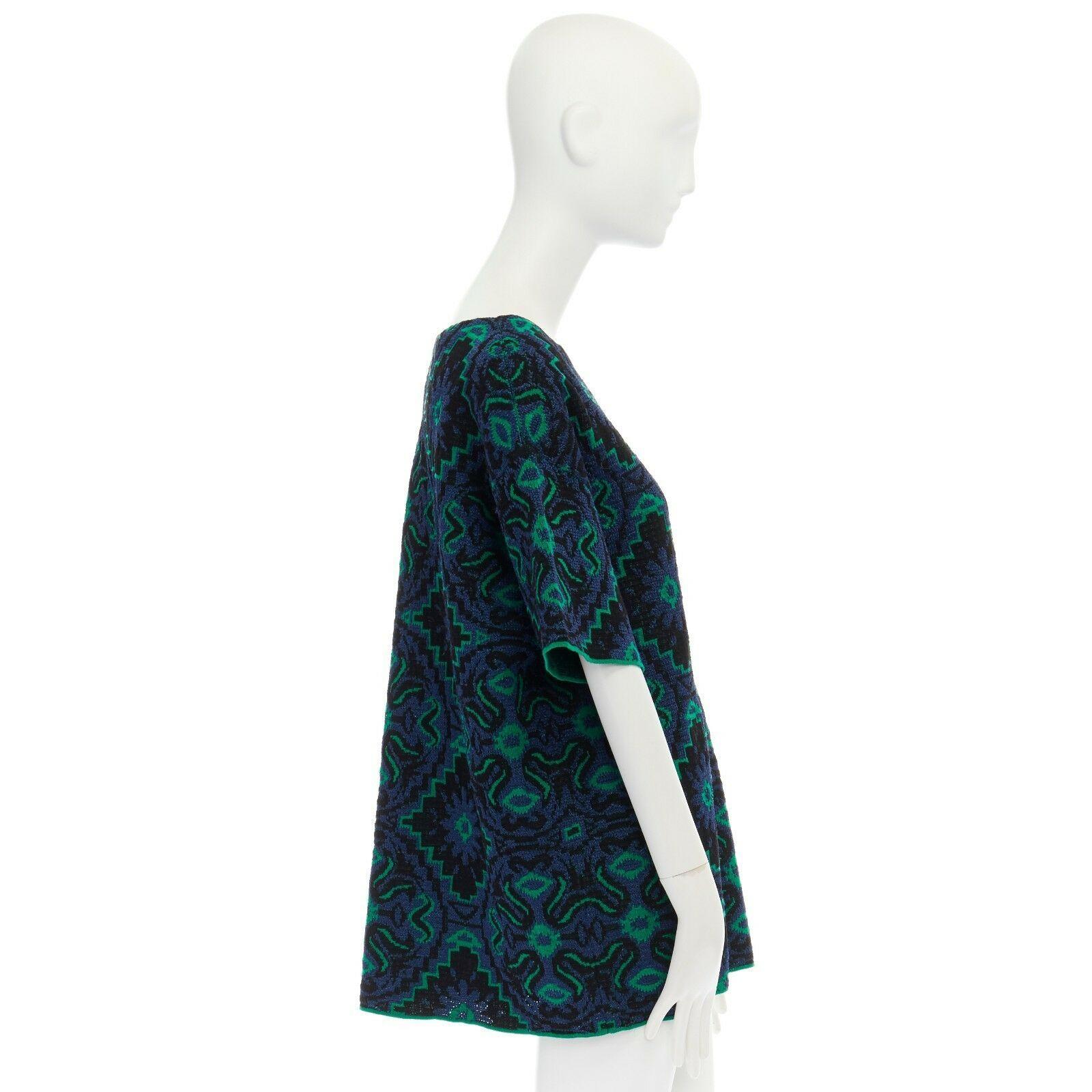 Women's DRIES VAN NOTEN green blue ethnic jacquard knitted boxy short sleeve top M