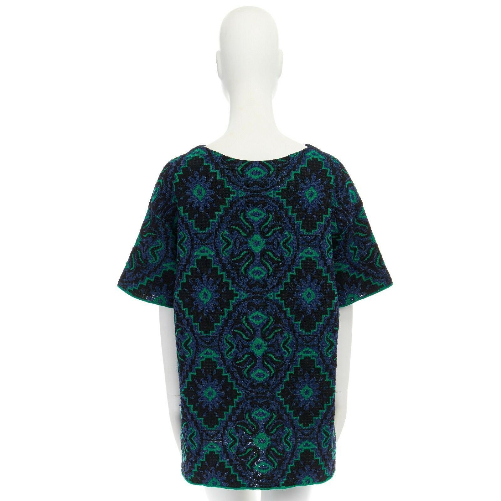 DRIES VAN NOTEN green blue ethnic jacquard knitted boxy short sleeve top M 1