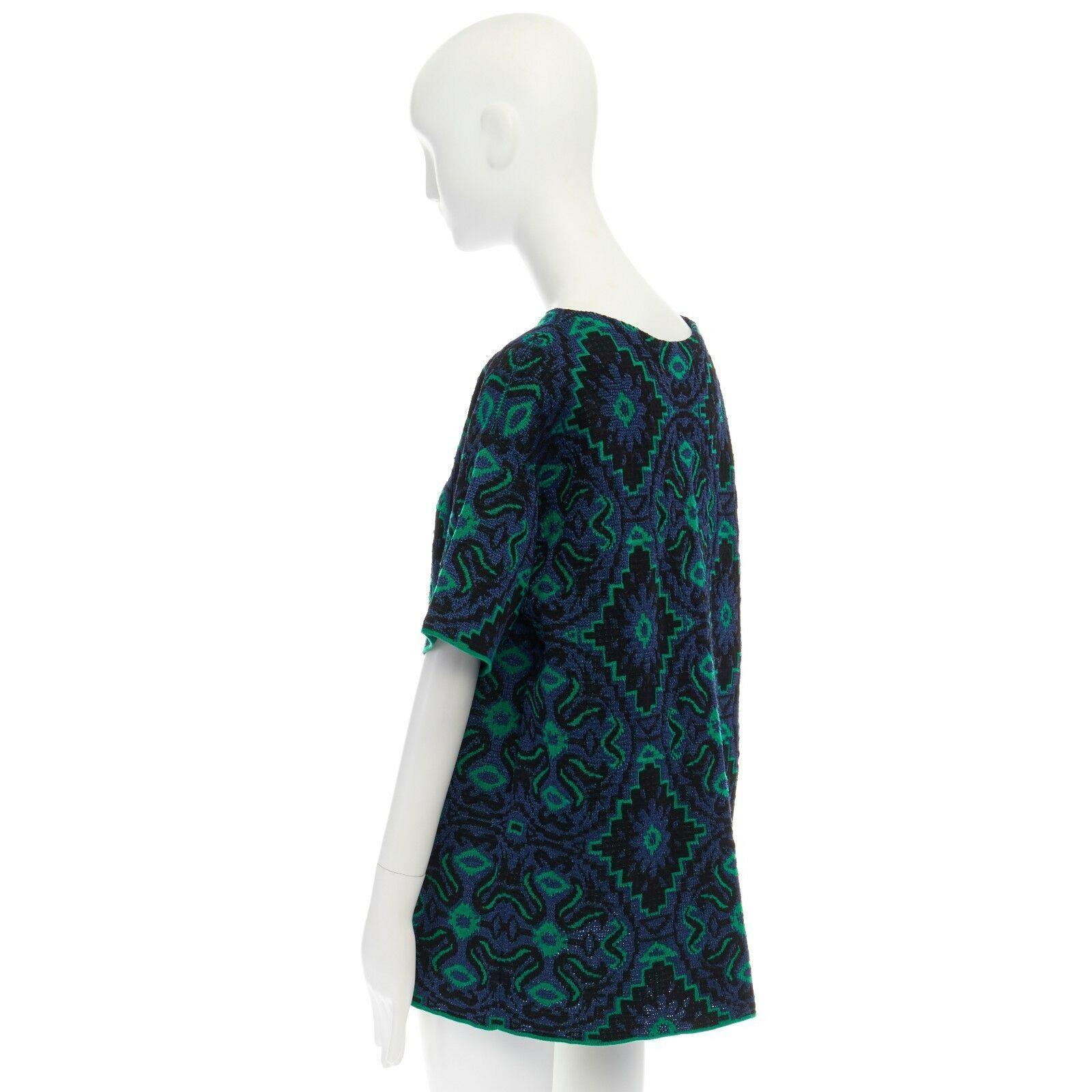 DRIES VAN NOTEN green blue ethnic jacquard knitted boxy short sleeve top M 2