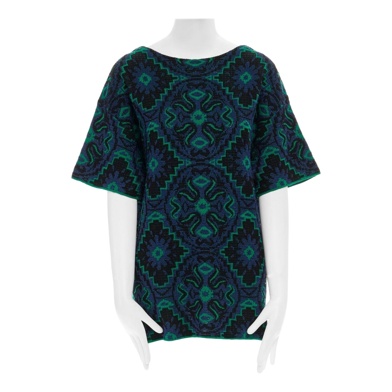 DRIES VAN NOTEN green blue ethnic jacquard knitted boxy short sleeve top M