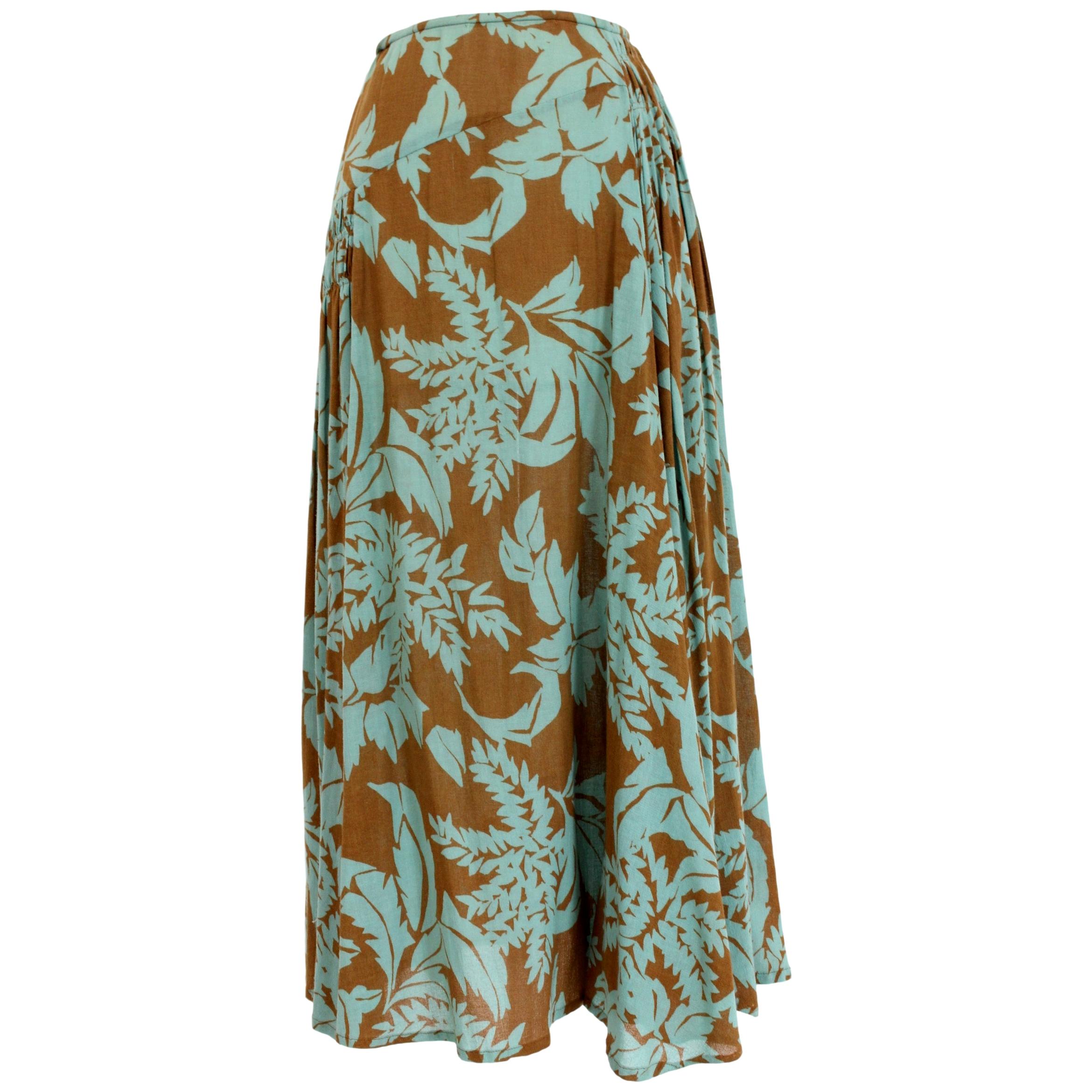 Dries Van Noten Green Brown Cotton Long Soft Floral Skirt