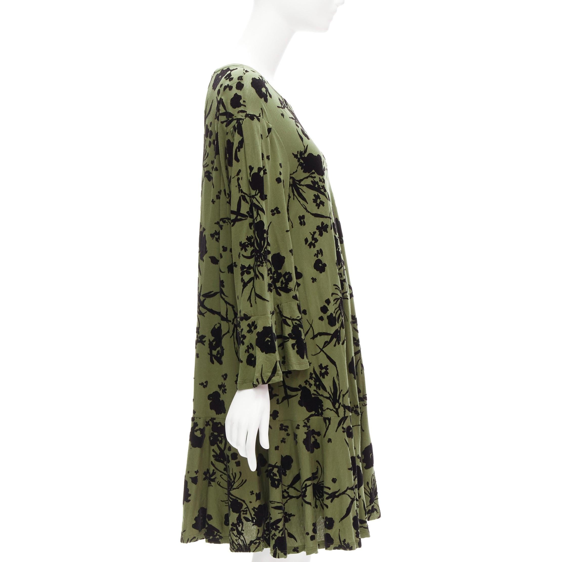 Black DRIES VAN NOTEN green cotton floral devore bell sleeve flutter dress XS