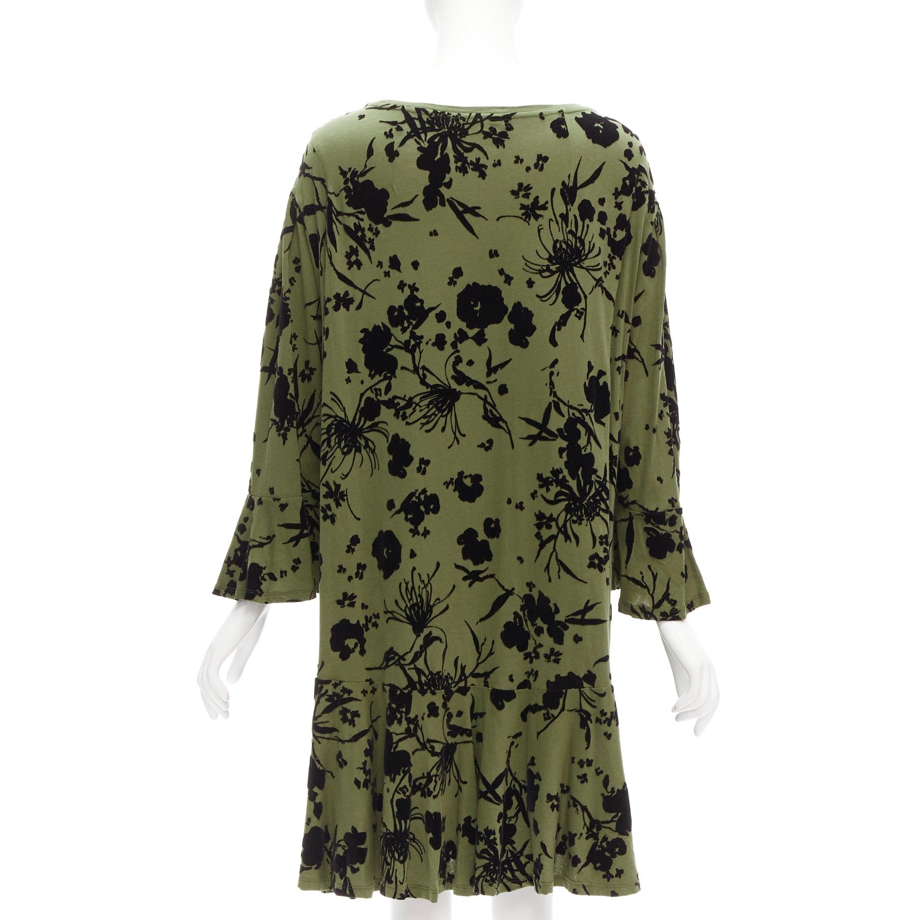 DRIES VAN NOTEN green cotton floral devore bell sleeve flutter dress XS In Good Condition For Sale In Hong Kong, NT