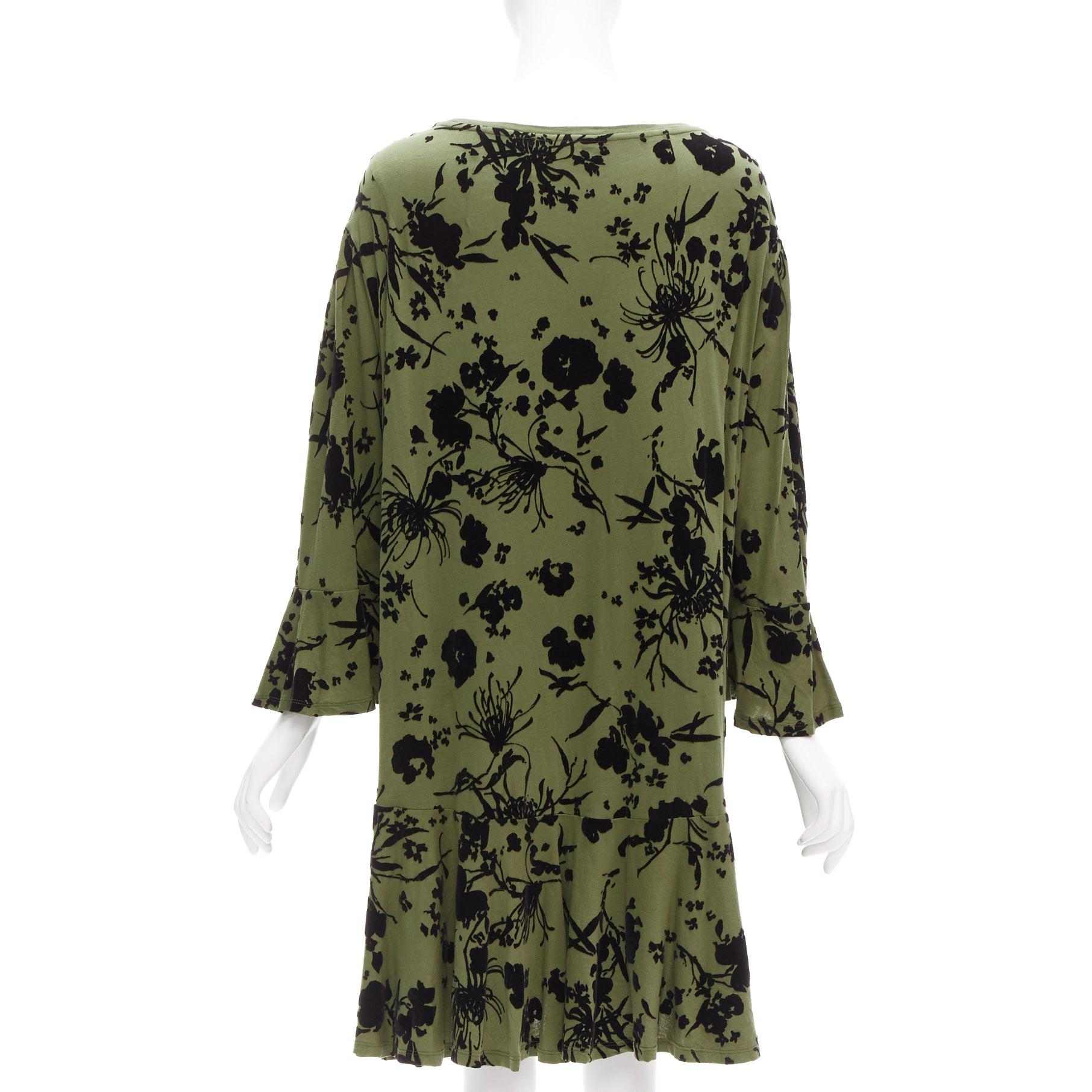 DRIES VAN NOTEN green cotton floral devore bell sleeve flutter dress XS In Good Condition In Hong Kong, NT
