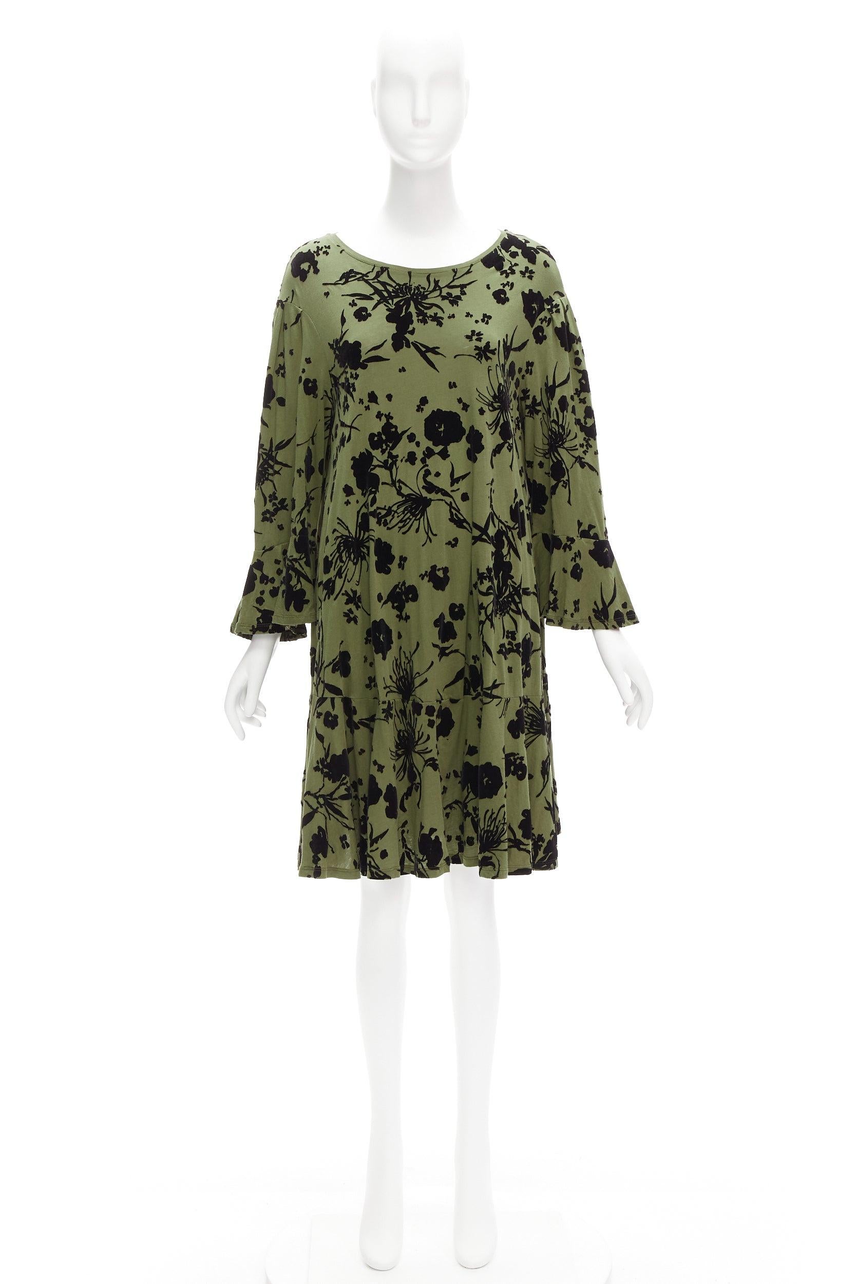 DRIES VAN NOTEN green cotton floral devore bell sleeve flutter dress XS For Sale 4