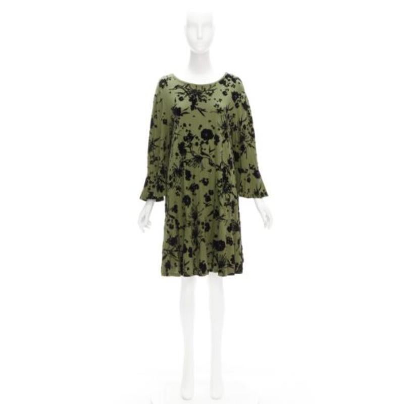 DRIES VAN NOTEN green cotton floral devore bell sleeve flutter dress XS For Sale 4