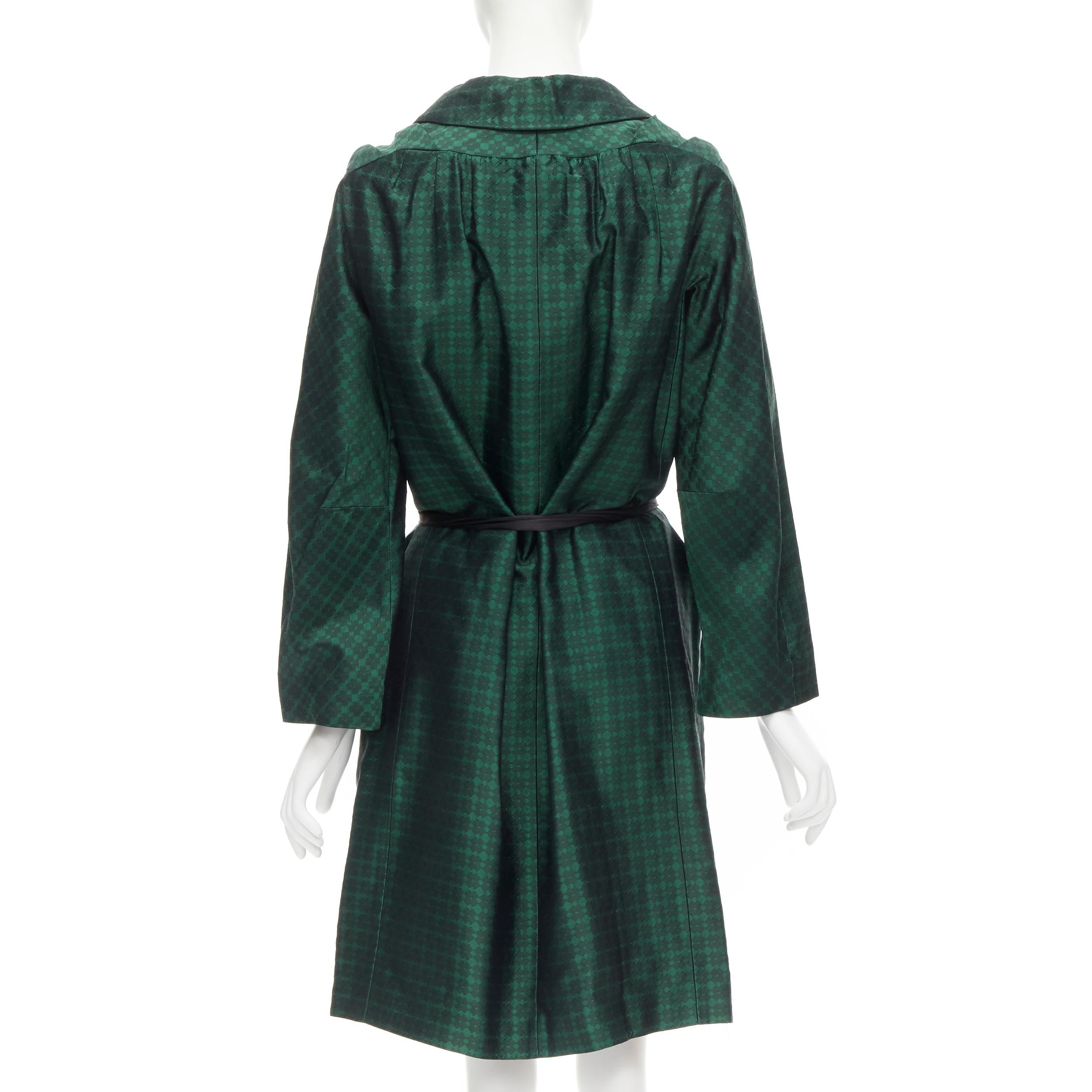 DRIES VAN NOTEN green geometric jacquard black silk bow belted opera coat S In Excellent Condition In Hong Kong, NT