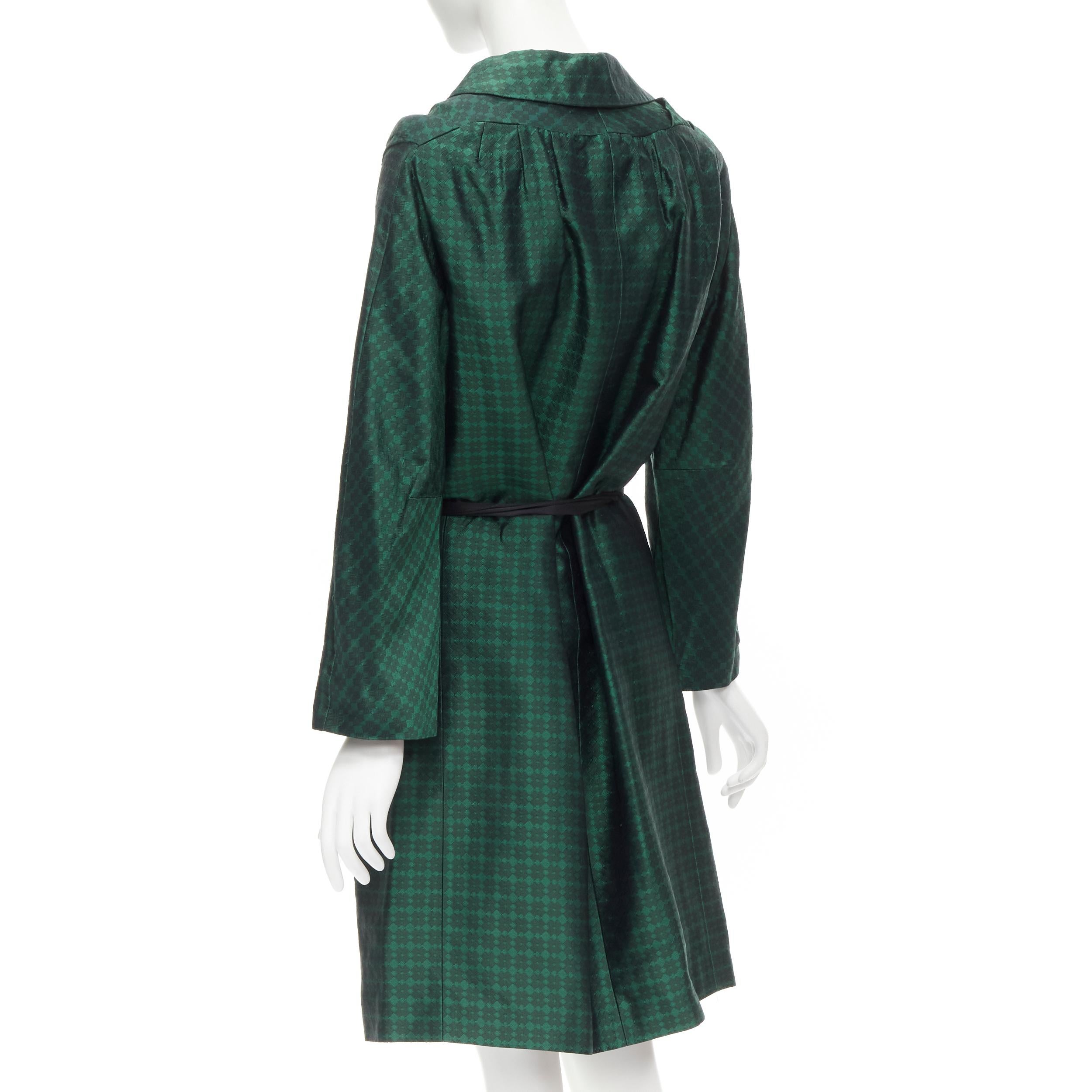 Women's DRIES VAN NOTEN green geometric jacquard black silk bow belted opera coat S