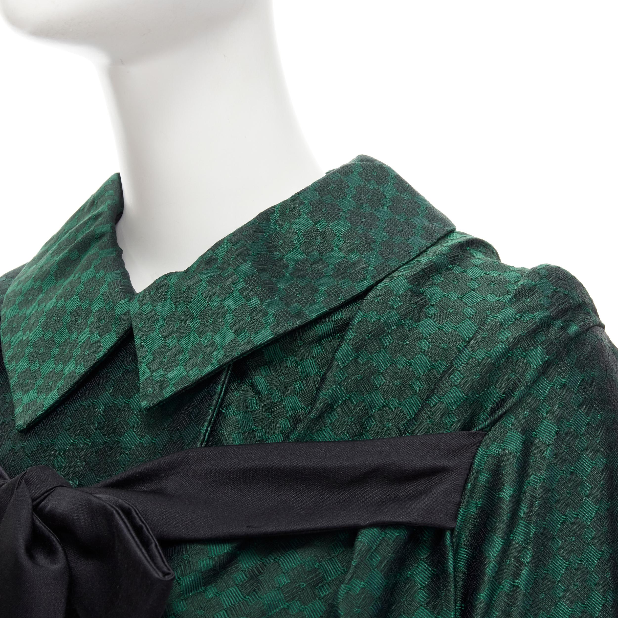DRIES VAN NOTEN green geometric jacquard black silk bow belted opera coat S 1