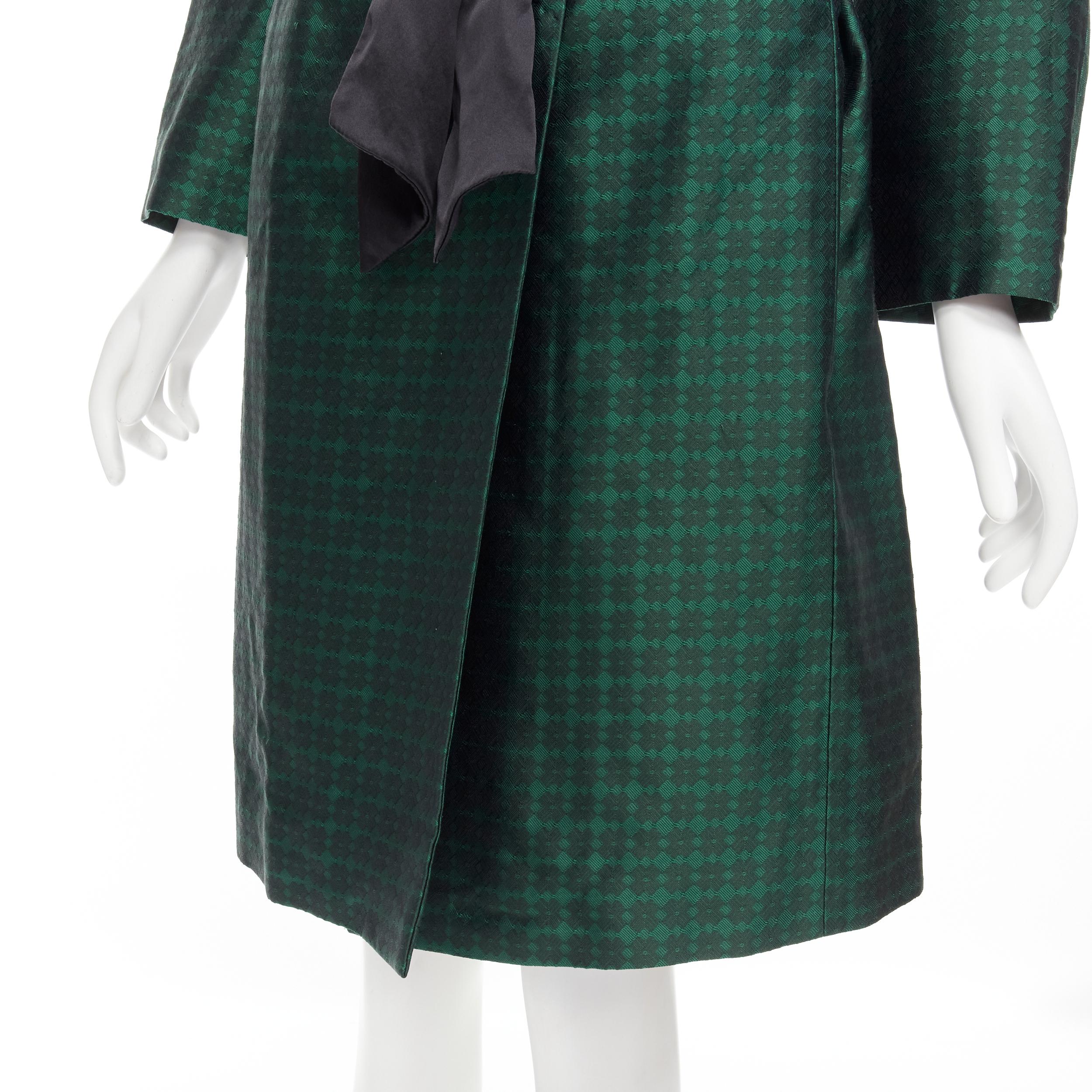 DRIES VAN NOTEN green geometric jacquard black silk bow belted opera coat S 2