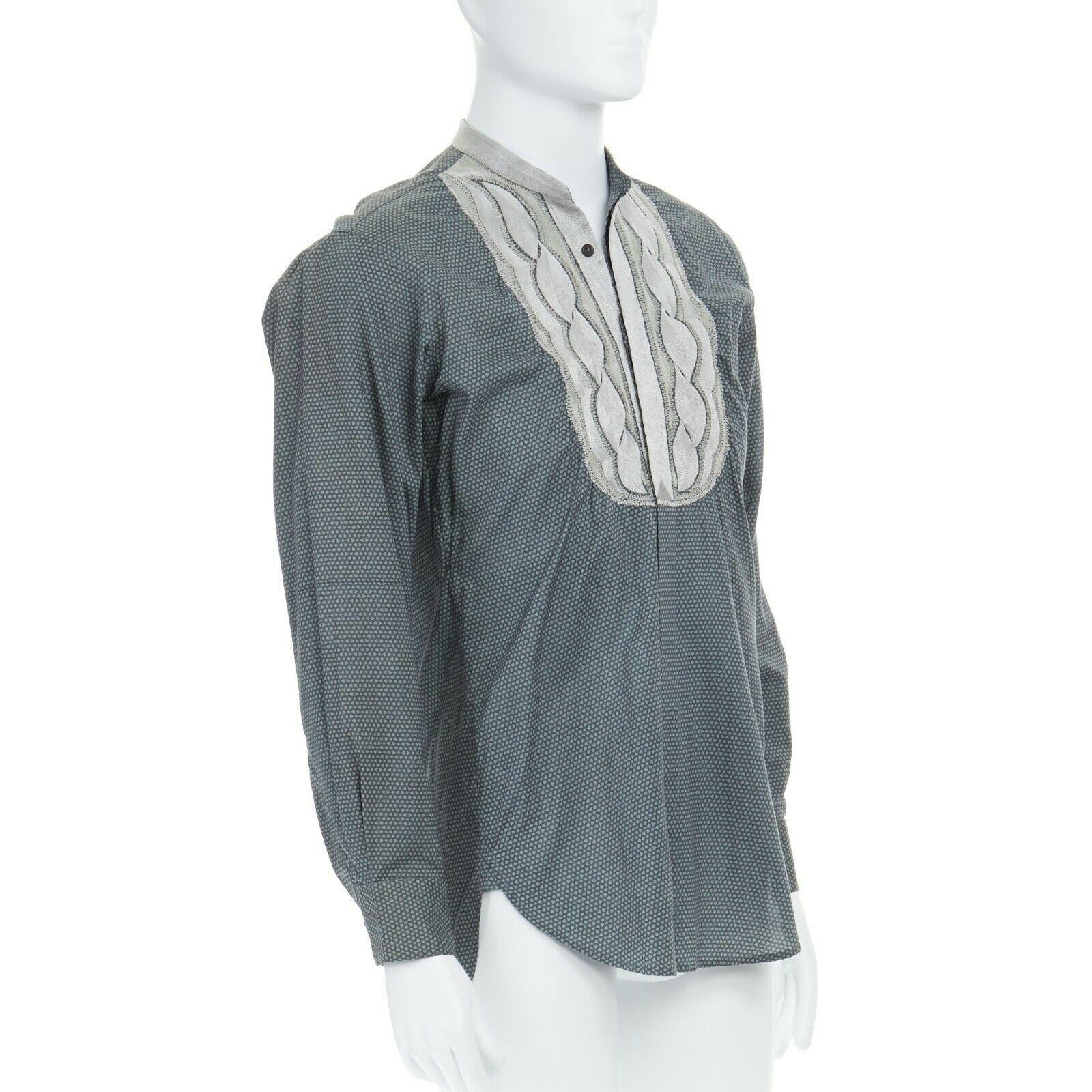 DRIES VAN NOTEN green geometric print embroidered bib tail back ethnic shirt M In Good Condition In Hong Kong, NT