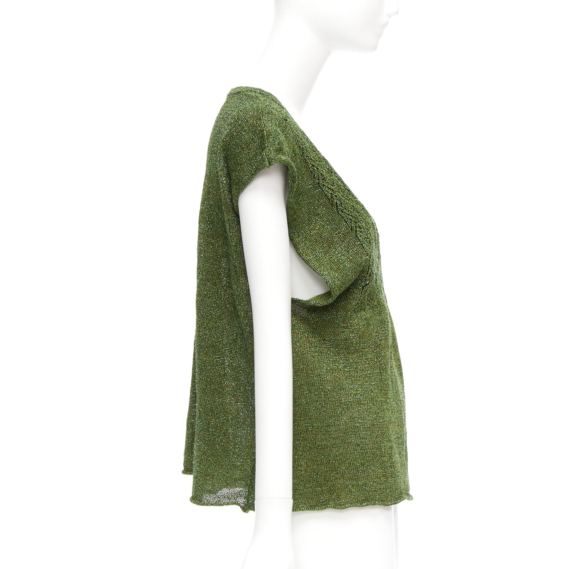 Brown DRIES VAN NOTEN green linen blend lurex open collar knitted top S