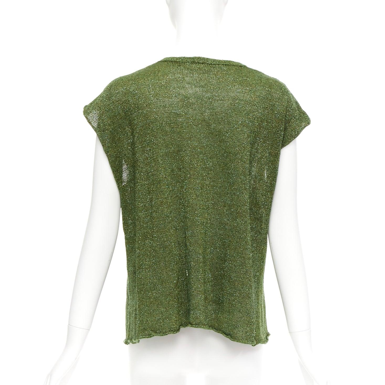 DRIES VAN NOTEN green linen blend lurex open collar knitted top S In Excellent Condition In Hong Kong, NT