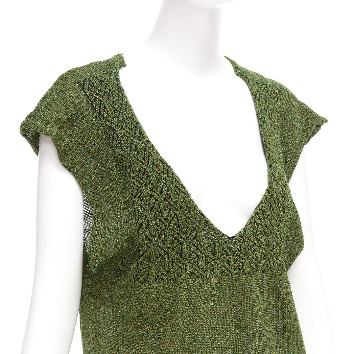DRIES VAN NOTEN green linen blend lurex open collar knitted top S 1