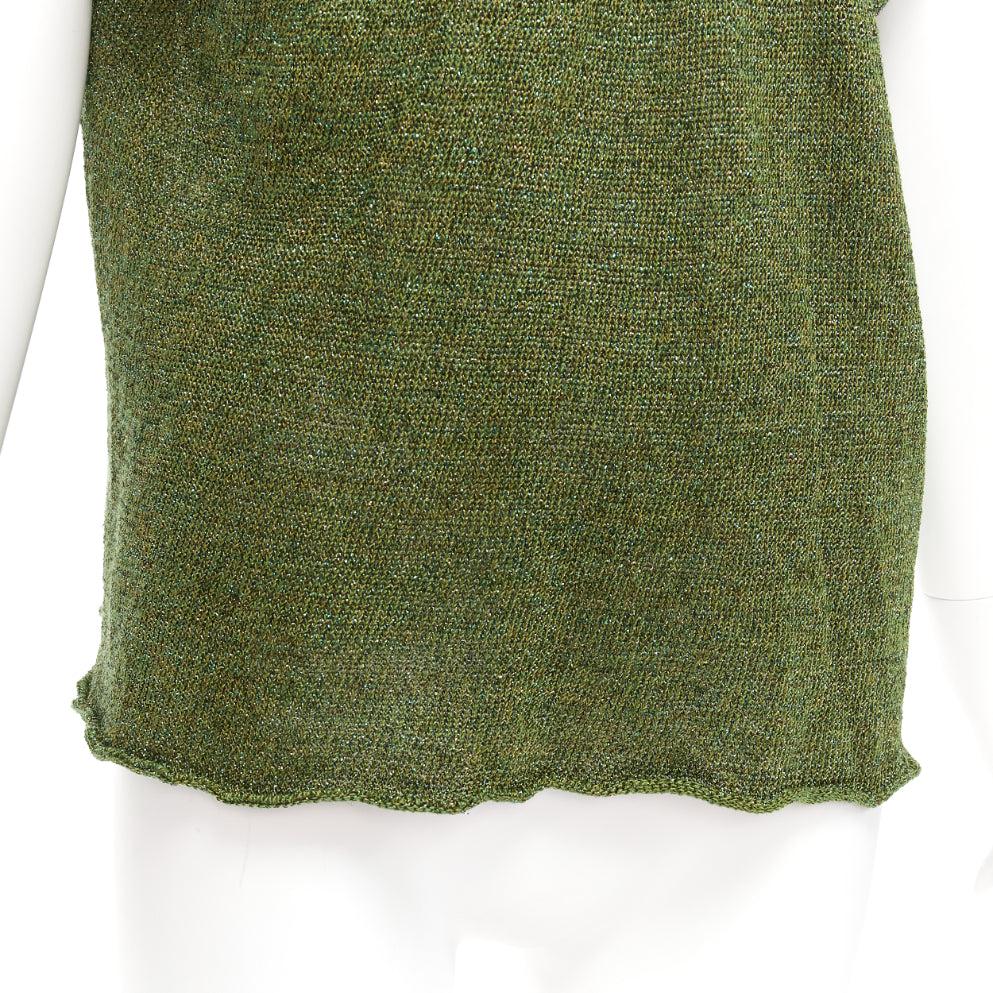 DRIES VAN NOTEN green linen blend lurex open collar knitted top S 2
