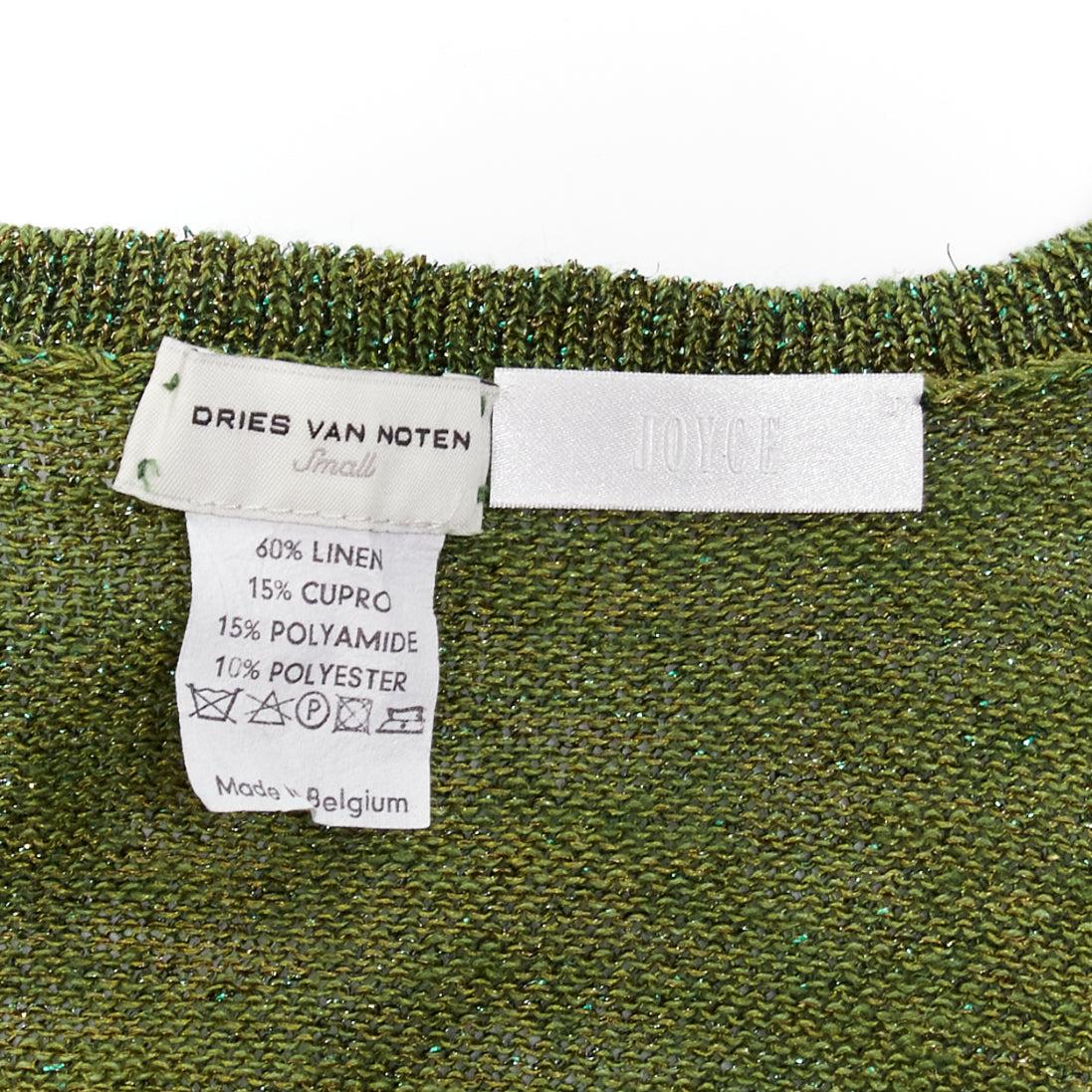 DRIES VAN NOTEN green linen blend lurex open collar knitted top S 3