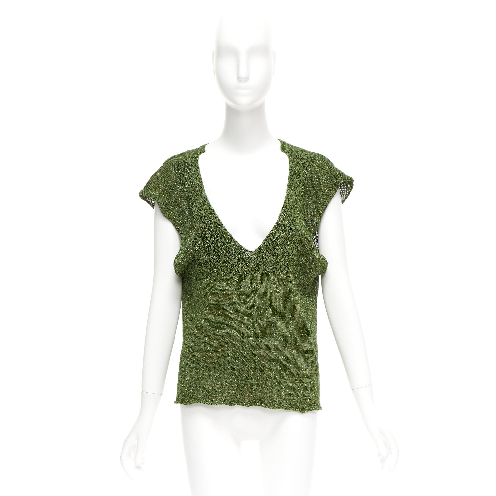 DRIES VAN NOTEN green linen blend lurex open collar knitted top S 4