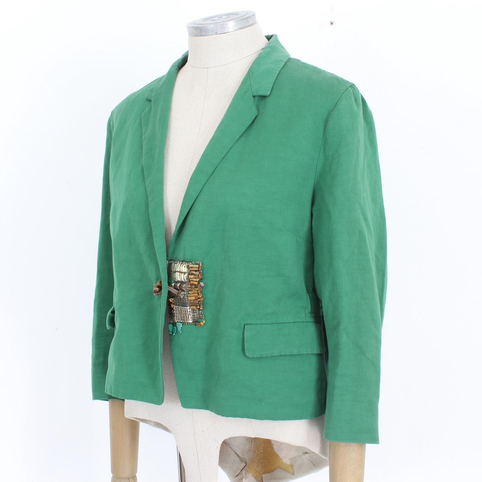 Women's Dries Van Noten Green Linen Sequins Short Blazer 2000s For Sale