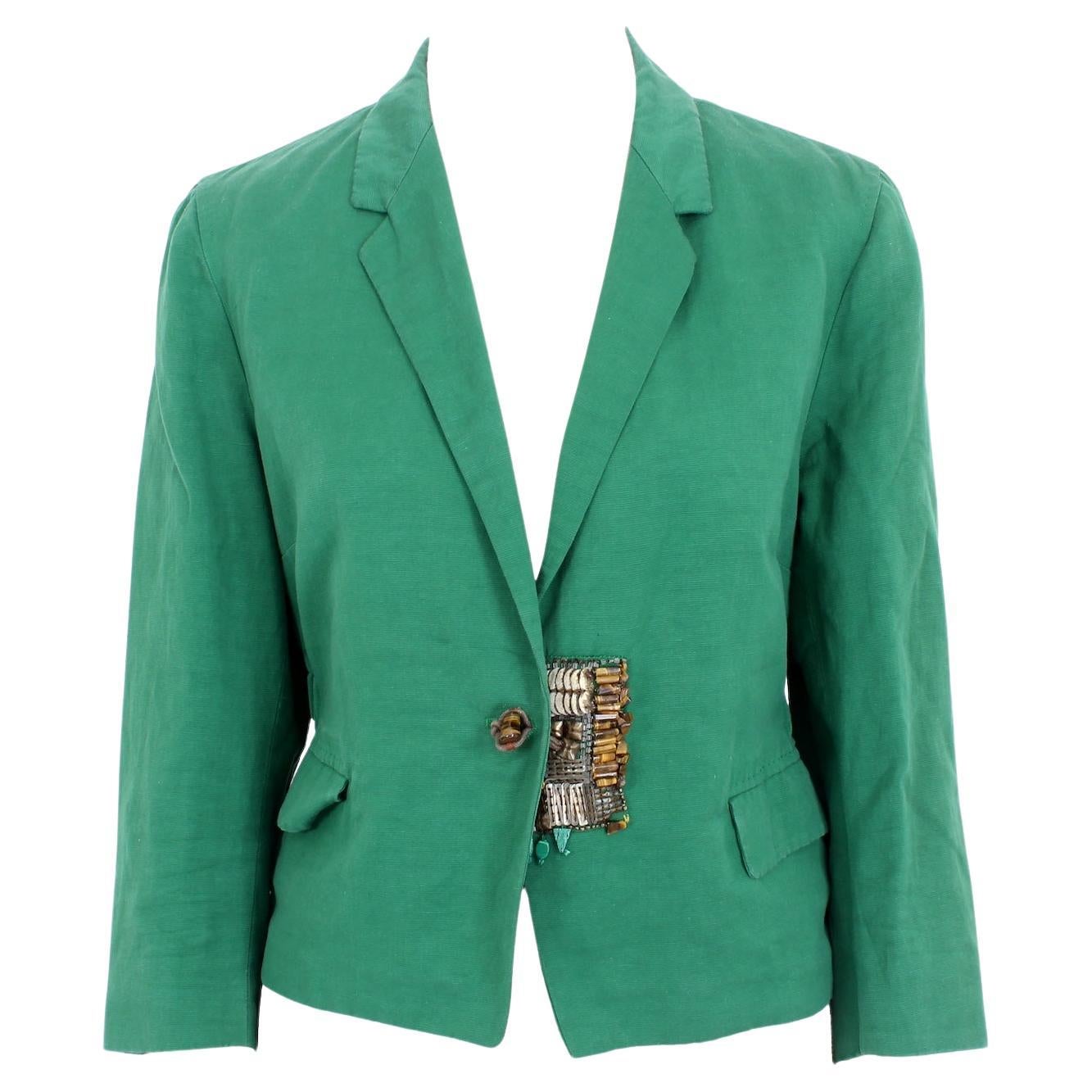 Dries Van Noten Green Linen Sequins Short Blazer 2000s For Sale