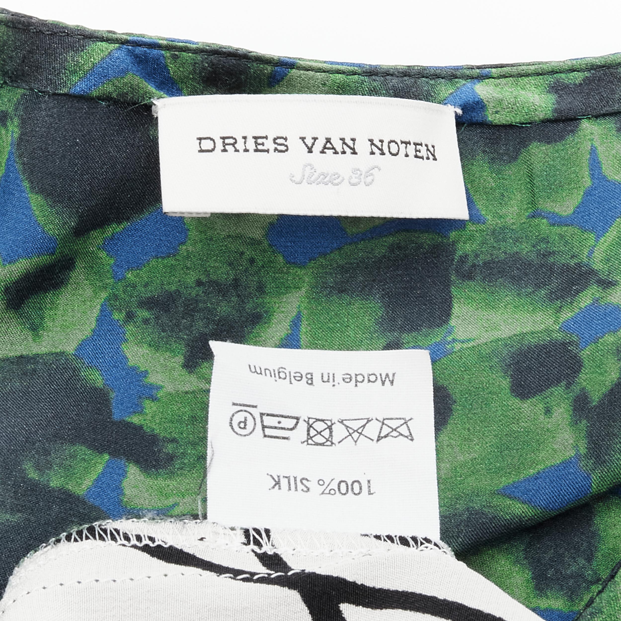 DRIES VAN NOTEN green navy draped silk contrast short sleeve dress FR36 S For Sale 6