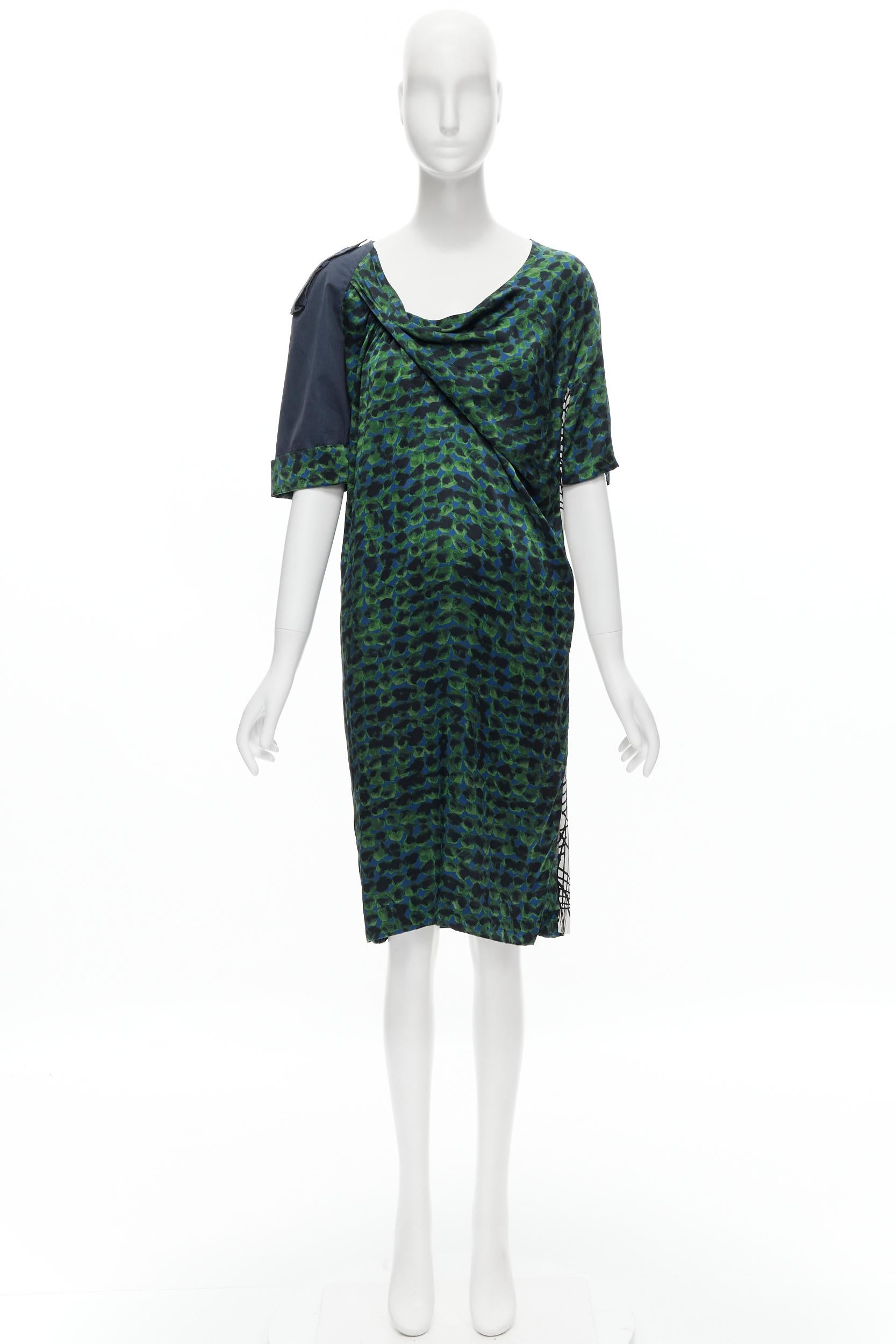 DRIES VAN NOTEN green navy draped silk contrast short sleeve dress FR36 S For Sale 7