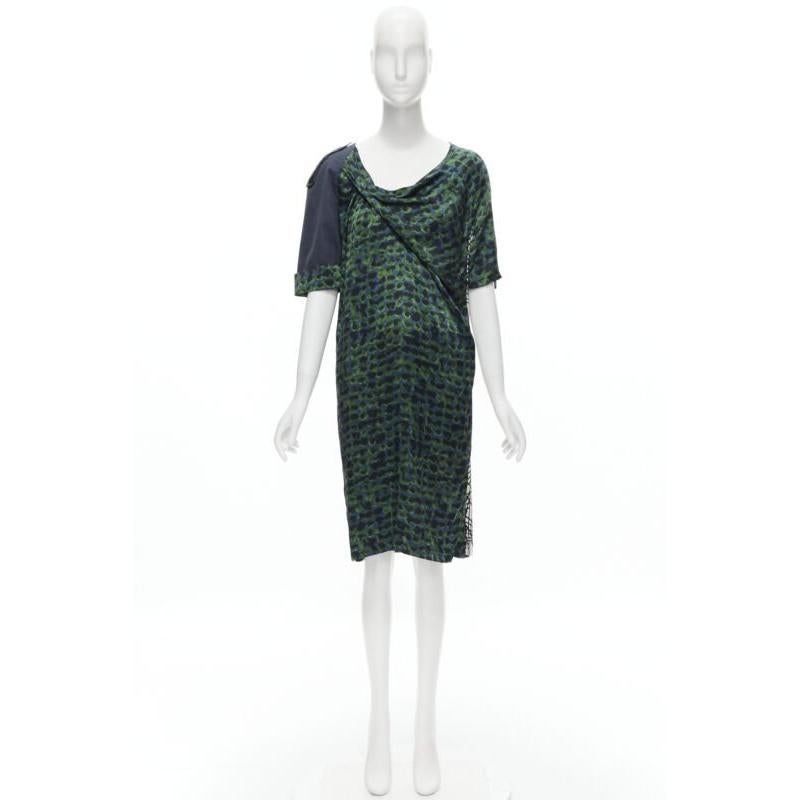 DRIES VAN NOTEN green navy draped silk contrast short sleeve dress FR36 S For Sale 7