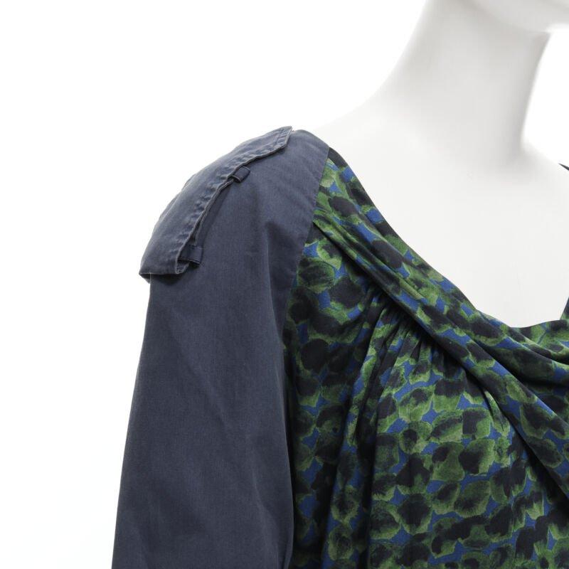 Black DRIES VAN NOTEN green navy draped silk contrast short sleeve dress FR36 S For Sale