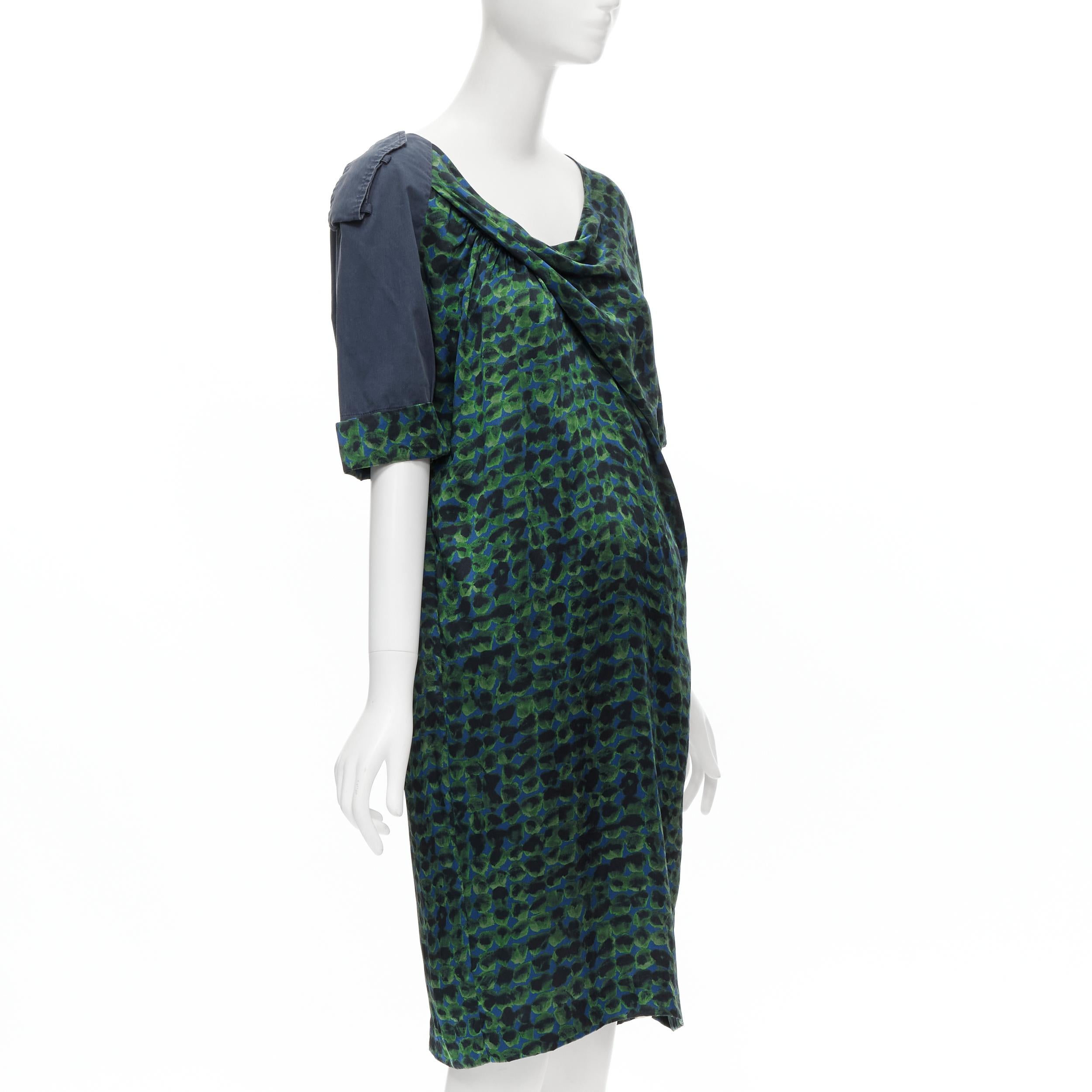 DRIES VAN NOTEN green navy draped silk contrast short sleeve dress FR36 S In Excellent Condition For Sale In Hong Kong, NT