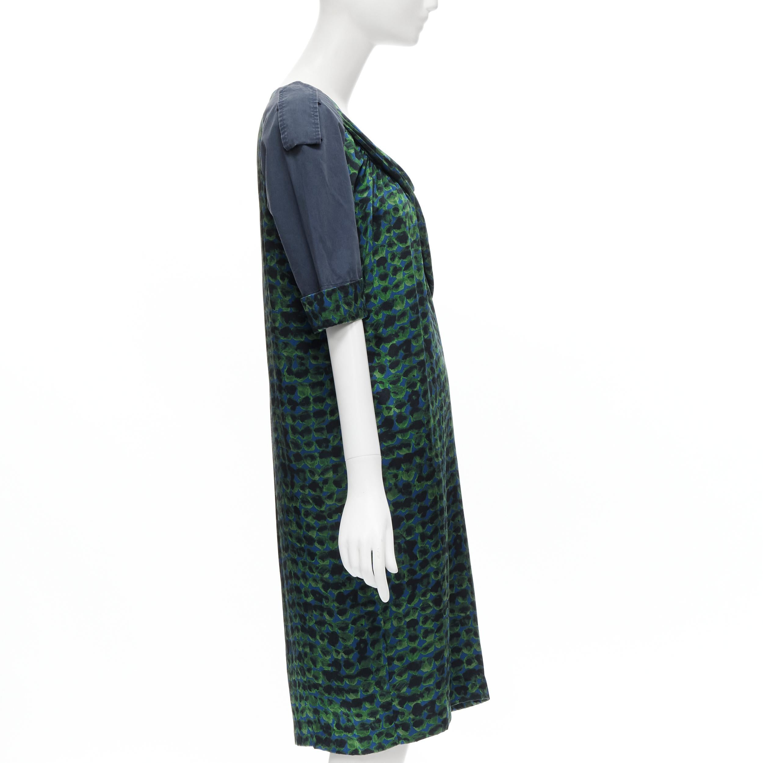 Women's DRIES VAN NOTEN green navy draped silk contrast short sleeve dress FR36 S For Sale