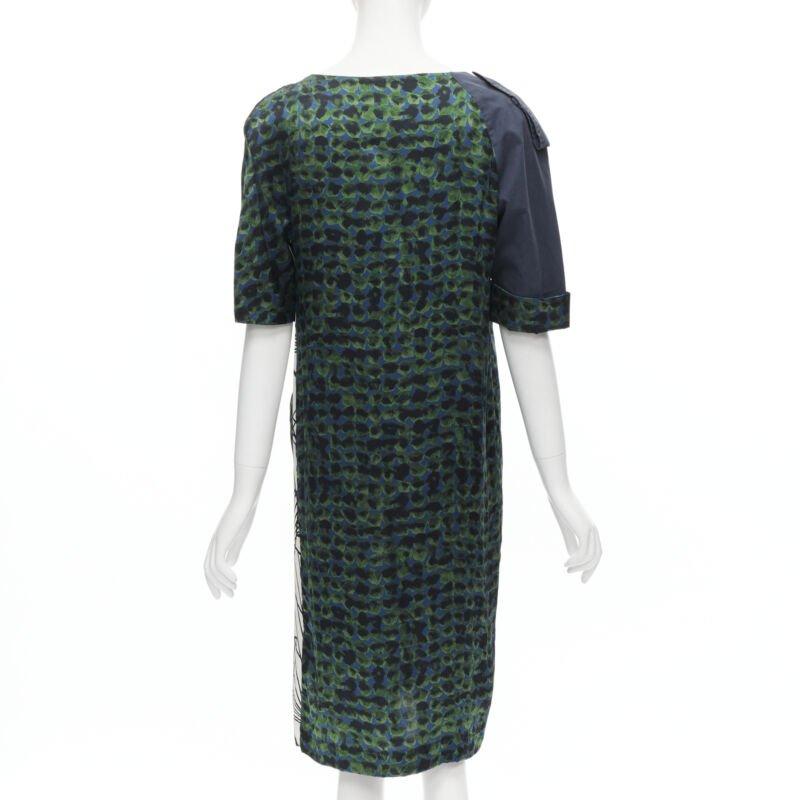 DRIES VAN NOTEN green navy draped silk contrast short sleeve dress FR36 S For Sale 1
