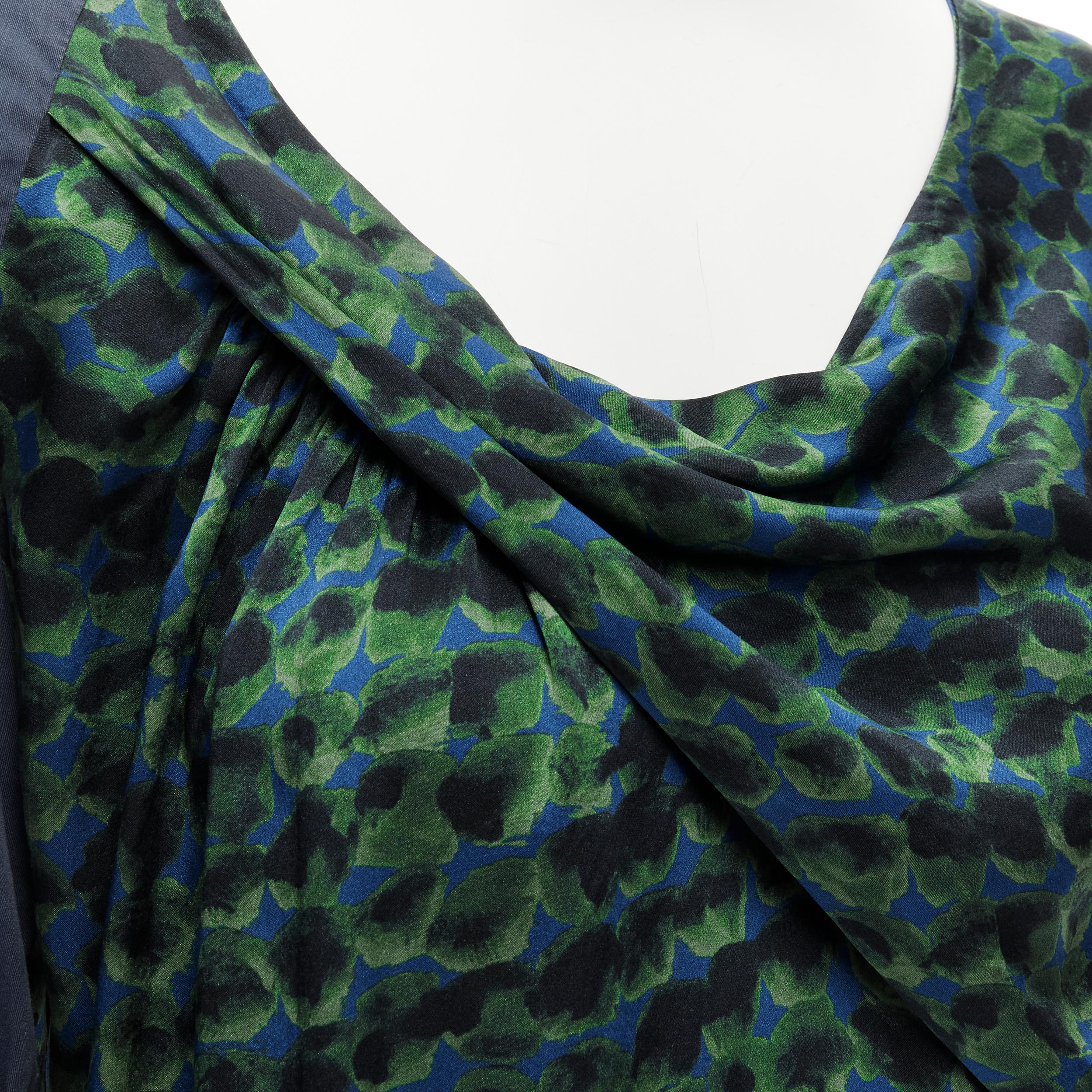 DRIES VAN NOTEN green navy draped silk contrast short sleeve dress FR36 S For Sale 2