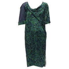 DRIES VAN NOTEN green navy draped silk contrast short sleeve dress FR36 S