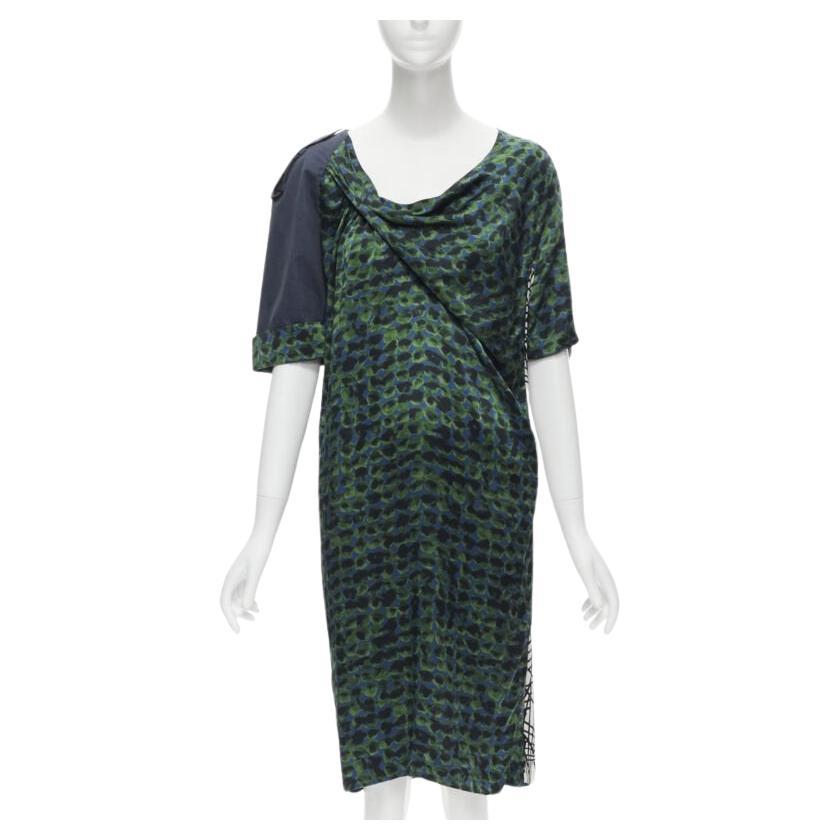 DRIES VAN NOTEN green navy draped silk contrast short sleeve dress FR36 S For Sale