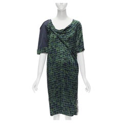 DRIES VAN NOTEN Grün-Marine Drapiertes Seidenkleid mit kurzen Ärmeln FR36 S