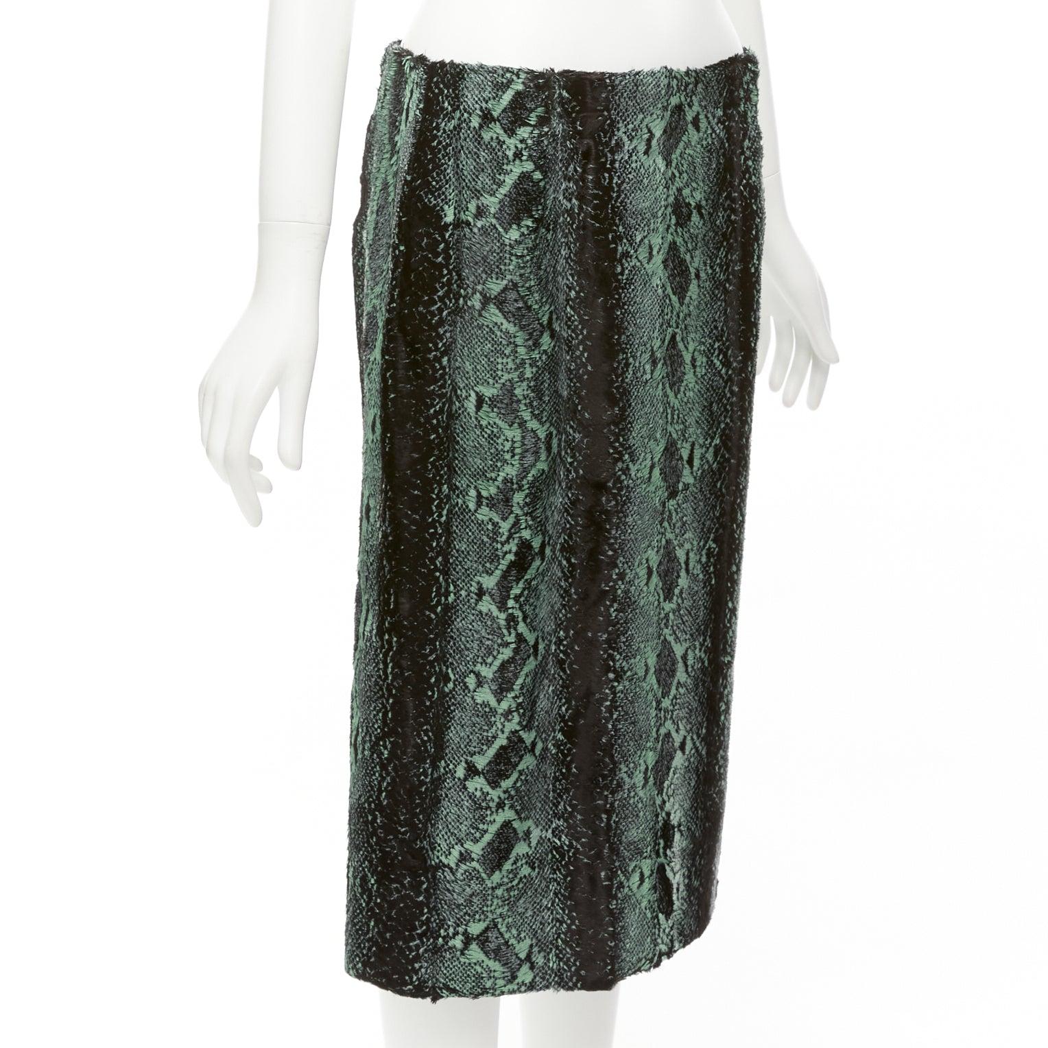 Black DRIES VAN NOTEN green painted snake print furry midi skirt FR36 S