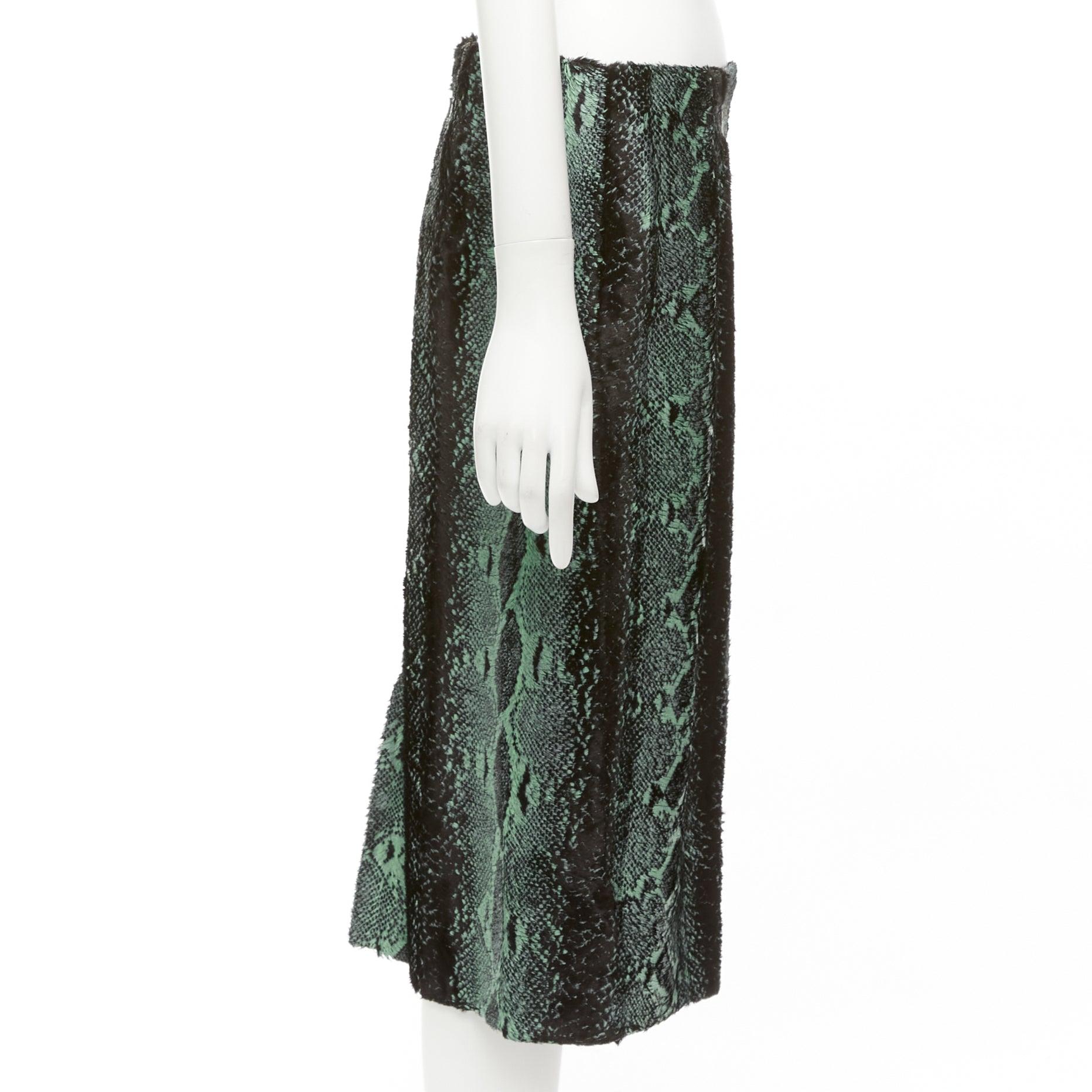 Women's DRIES VAN NOTEN green painted snake print furry midi skirt FR36 S For Sale