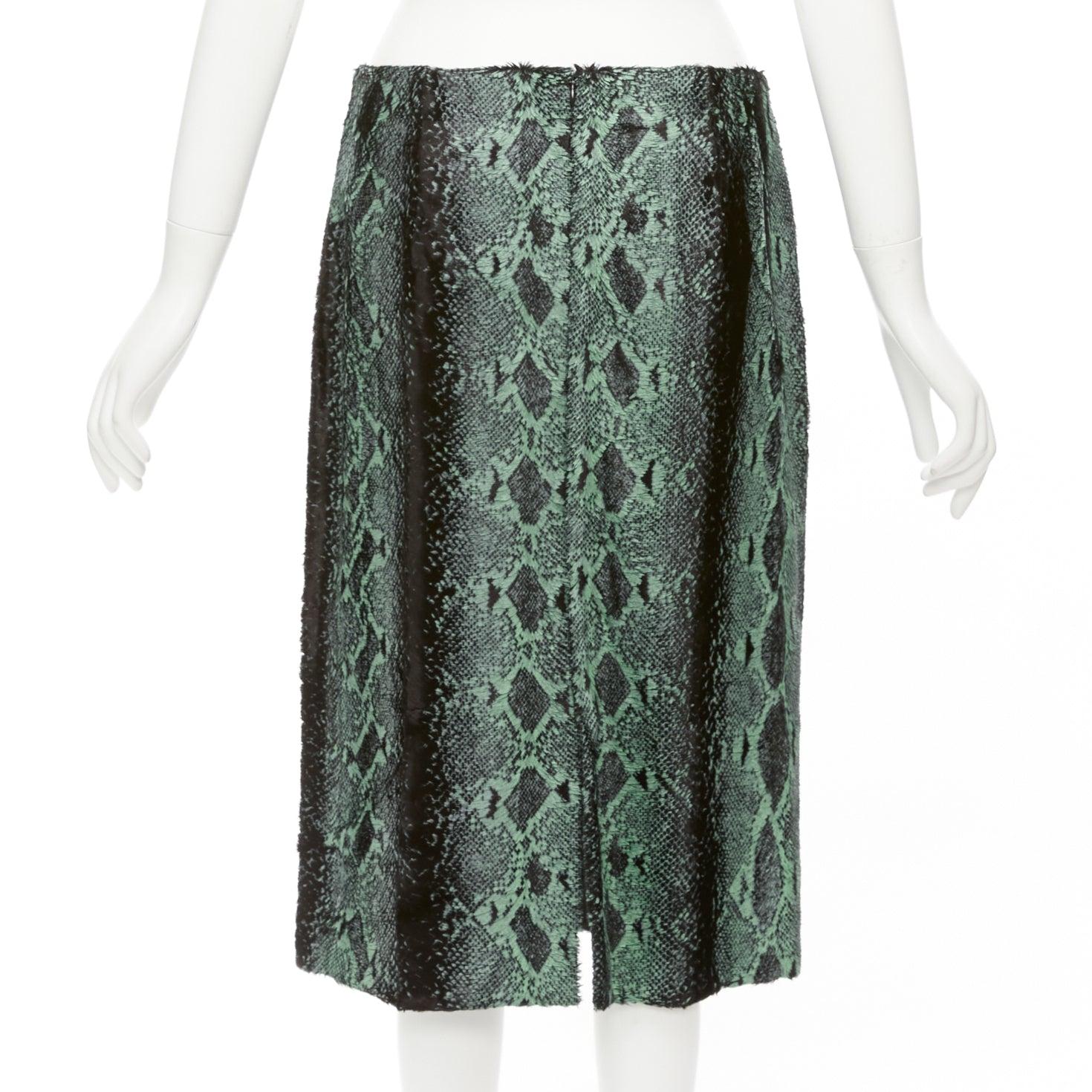 Women's DRIES VAN NOTEN green painted snake print furry midi skirt FR36 S
