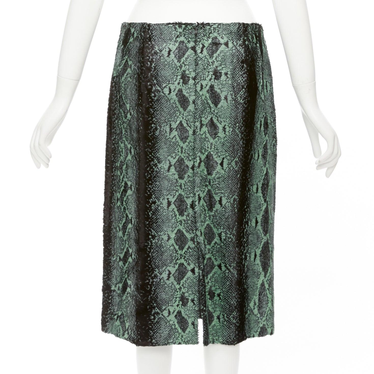 DRIES VAN NOTEN green painted snake print furry midi skirt FR36 S For Sale 1