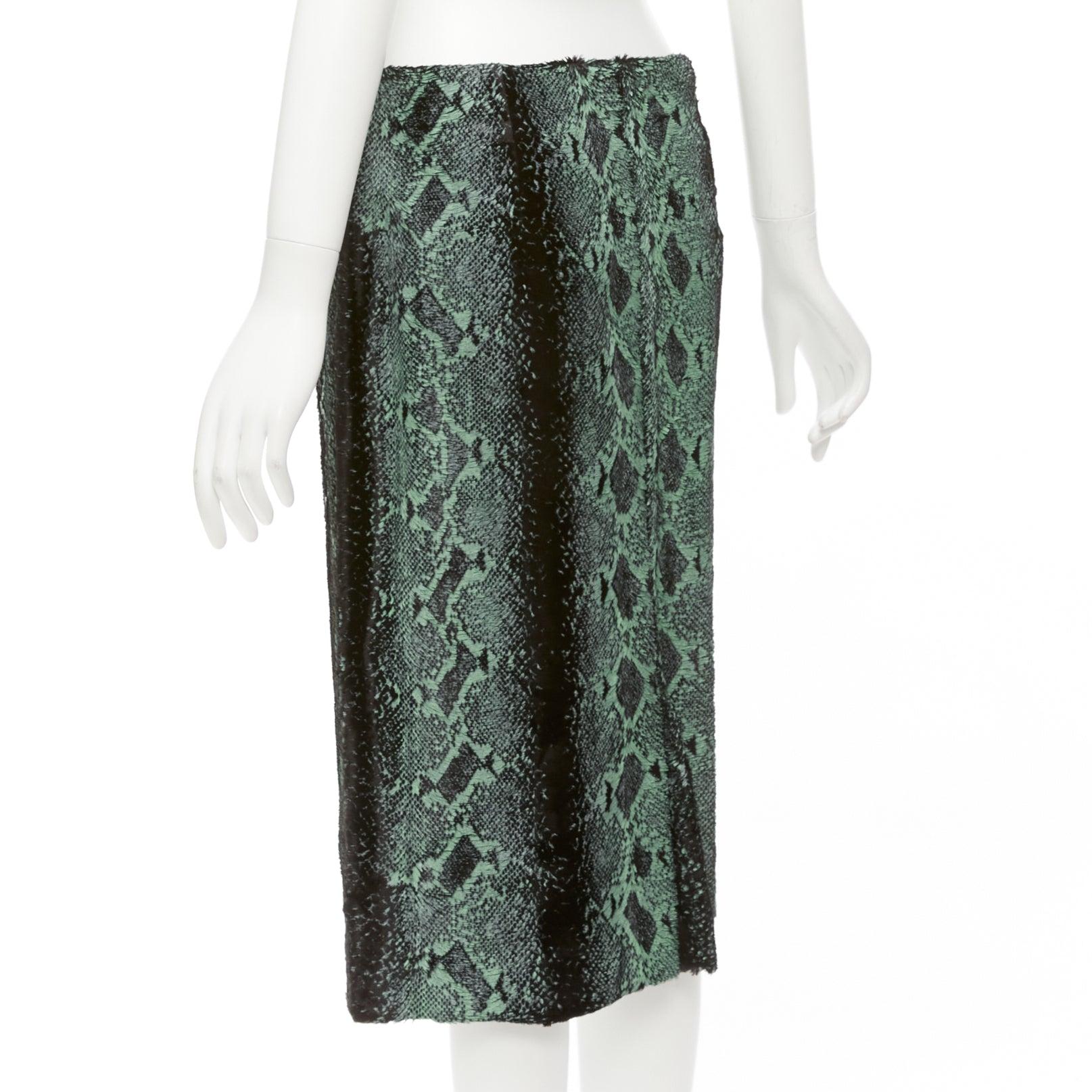 DRIES VAN NOTEN green painted snake print furry midi skirt FR36 S 1