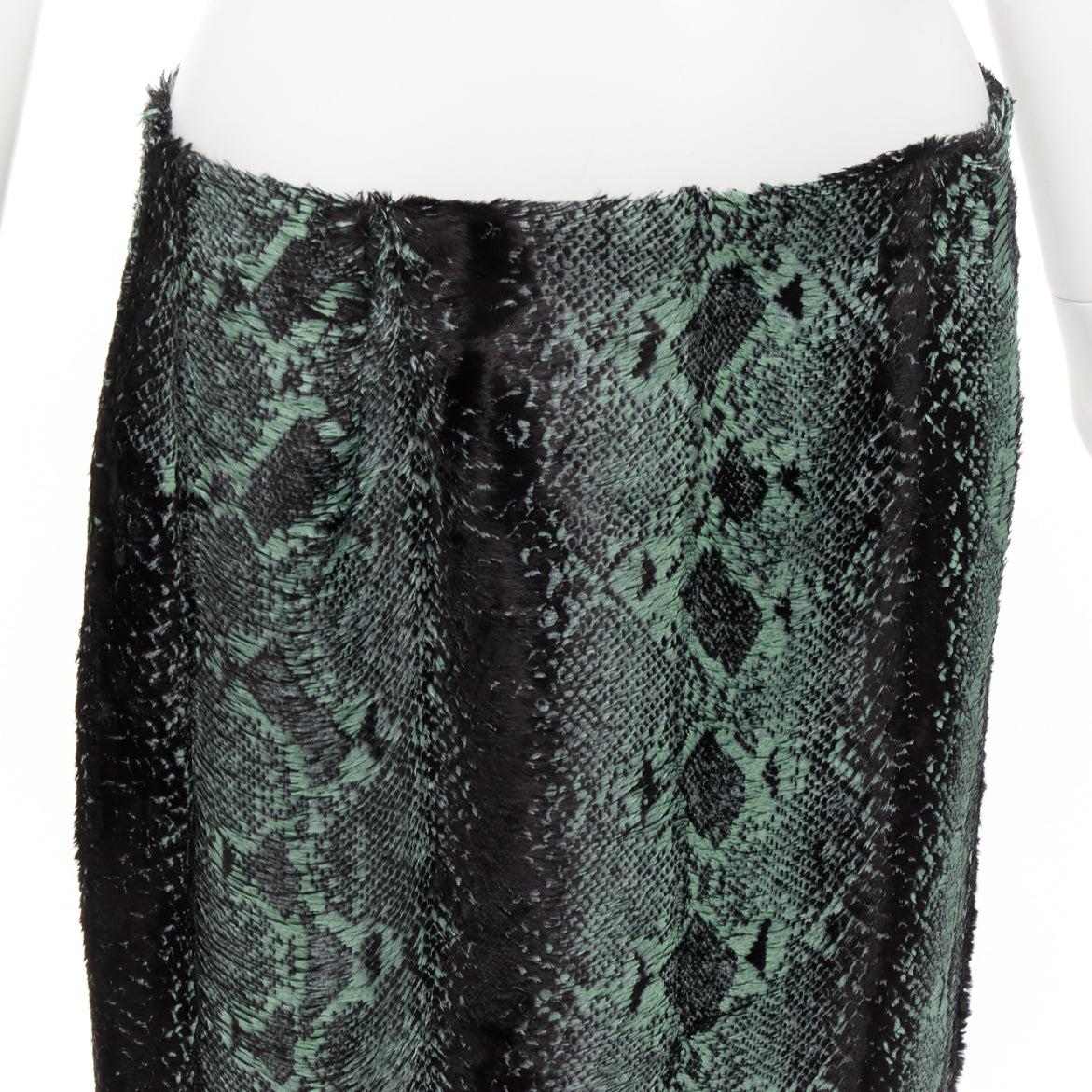 DRIES VAN NOTEN green painted snake print furry midi skirt FR36 S 2
