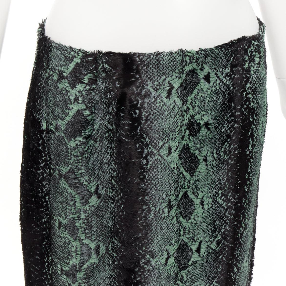 DRIES VAN NOTEN green painted snake print furry midi skirt FR36 S For Sale 3