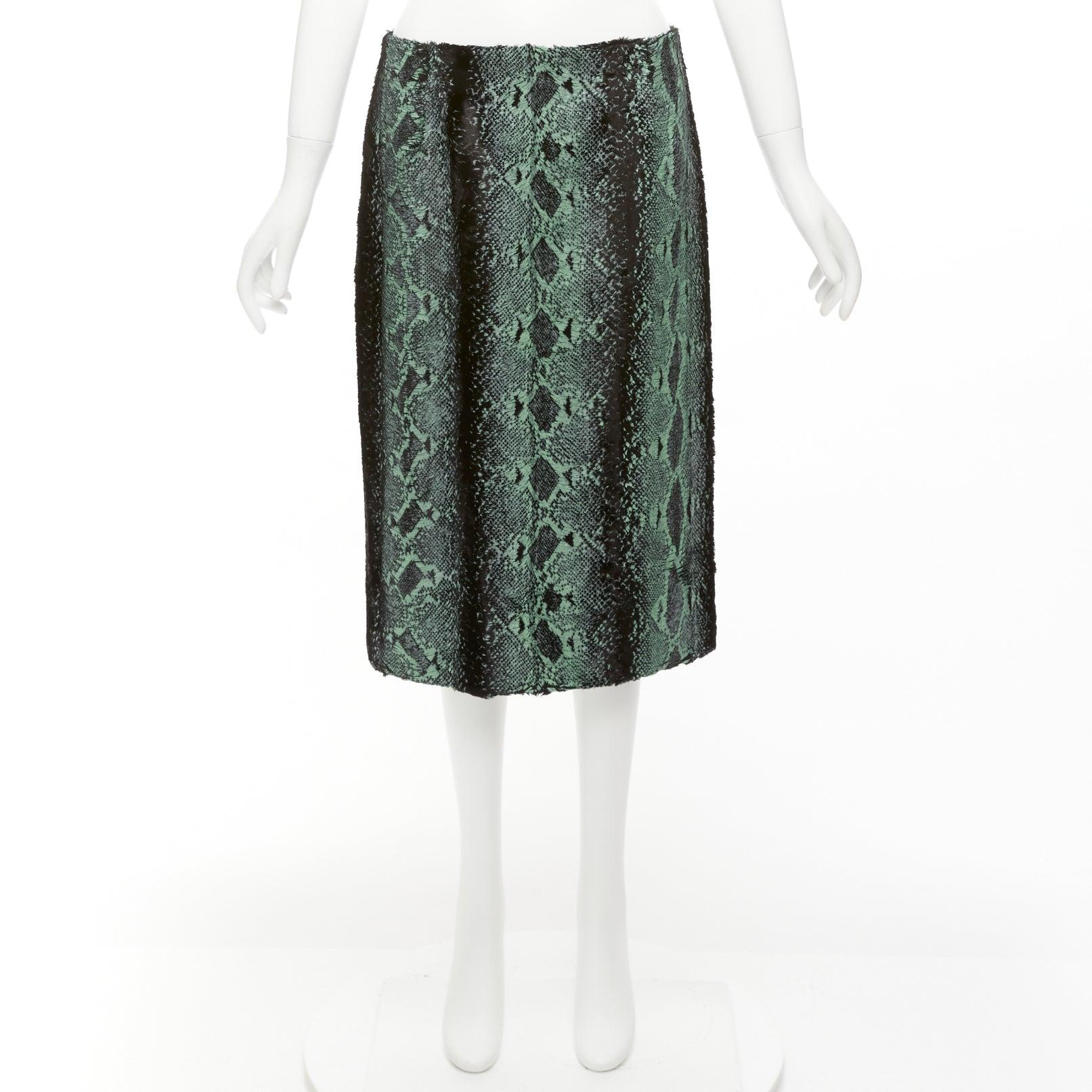 DRIES VAN NOTEN green painted snake print furry midi skirt FR36 S 4