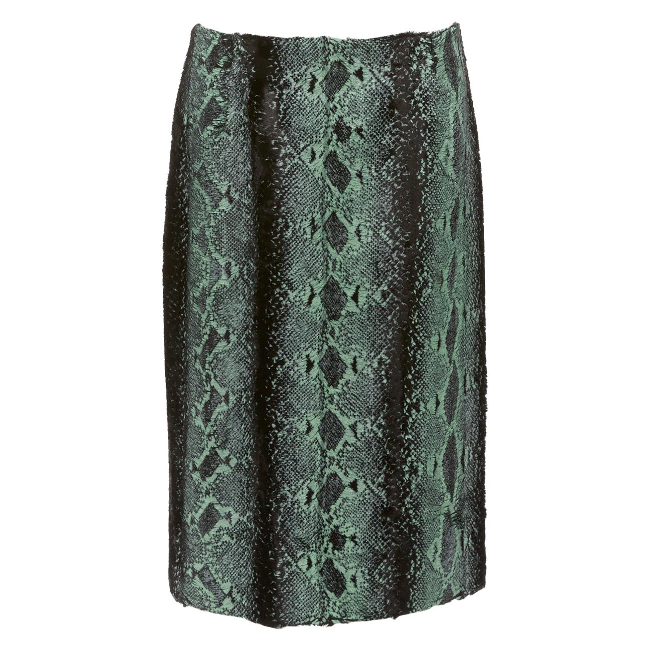 DRIES VAN NOTEN green painted snake print furry midi skirt FR36 S