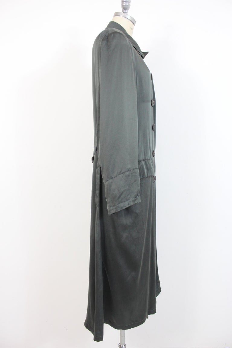 Black Dries Van Noten Green Silk Double Breasted Long Trench Coat For Sale