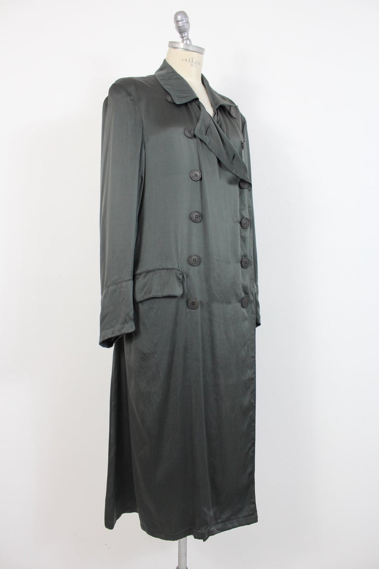 Dries Van Noten Green Silk Double Breasted Long Trench Coat In Excellent Condition For Sale In Brindisi, Bt