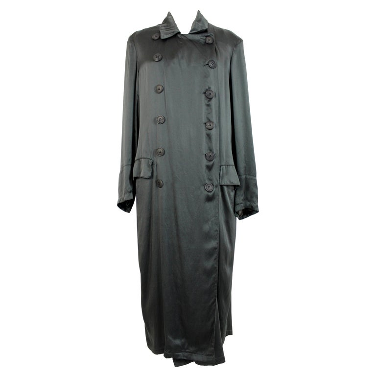 Dries Van Noten Green Silk Double Breasted Long Trench Coat For Sale