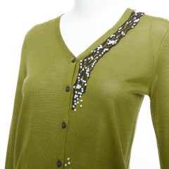 DRIES VAN NOTEN cardigan en soie verte et lin avec applications de perles pull-over S