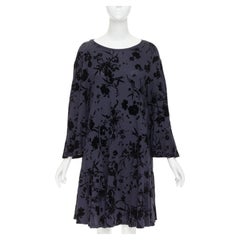 DRIES VAN NOTEN grey cotton black velvet damask floral flock print dress XS
