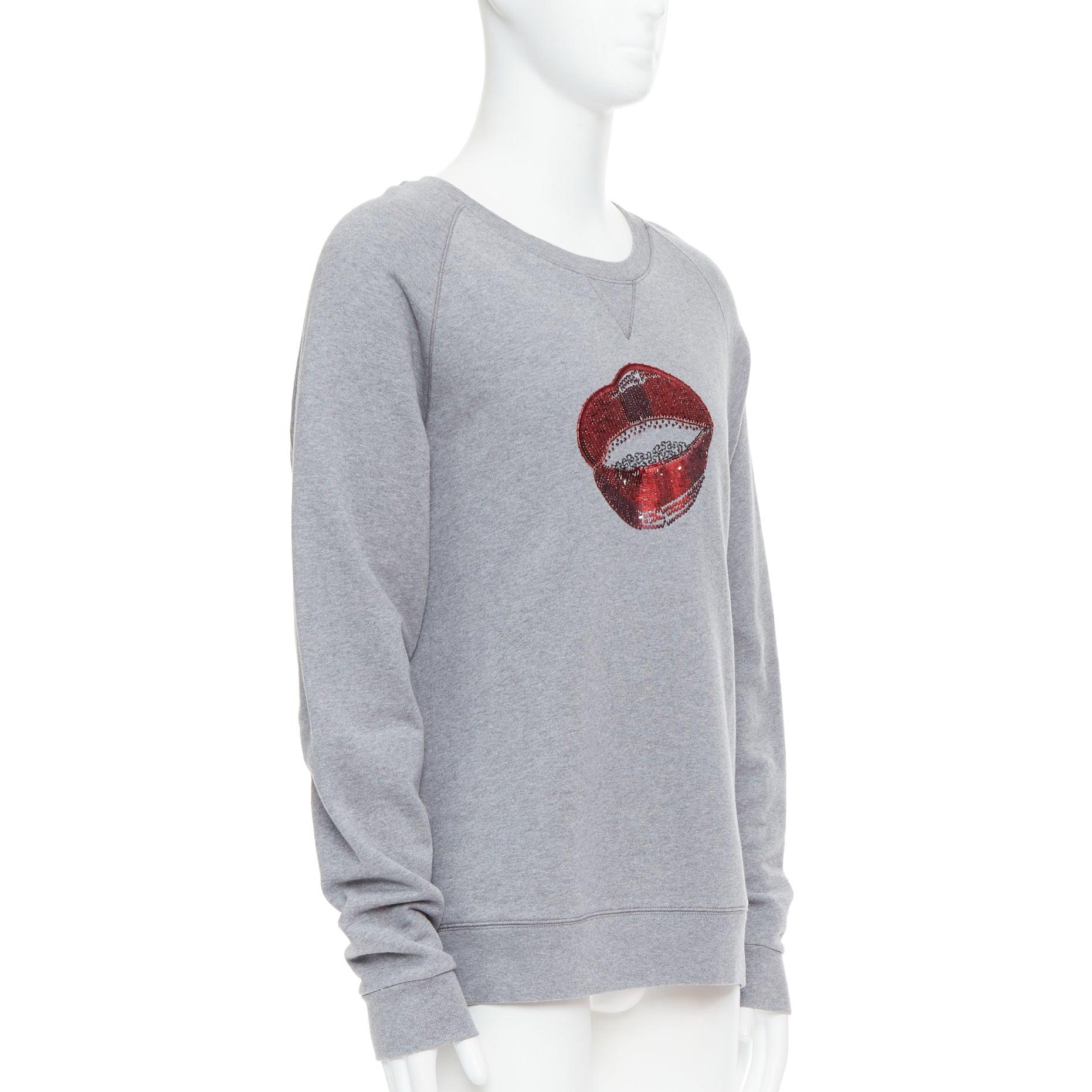 Gray DRIES VAN NOTEN grey cotton red sequins lip crew pullover top L For Sale